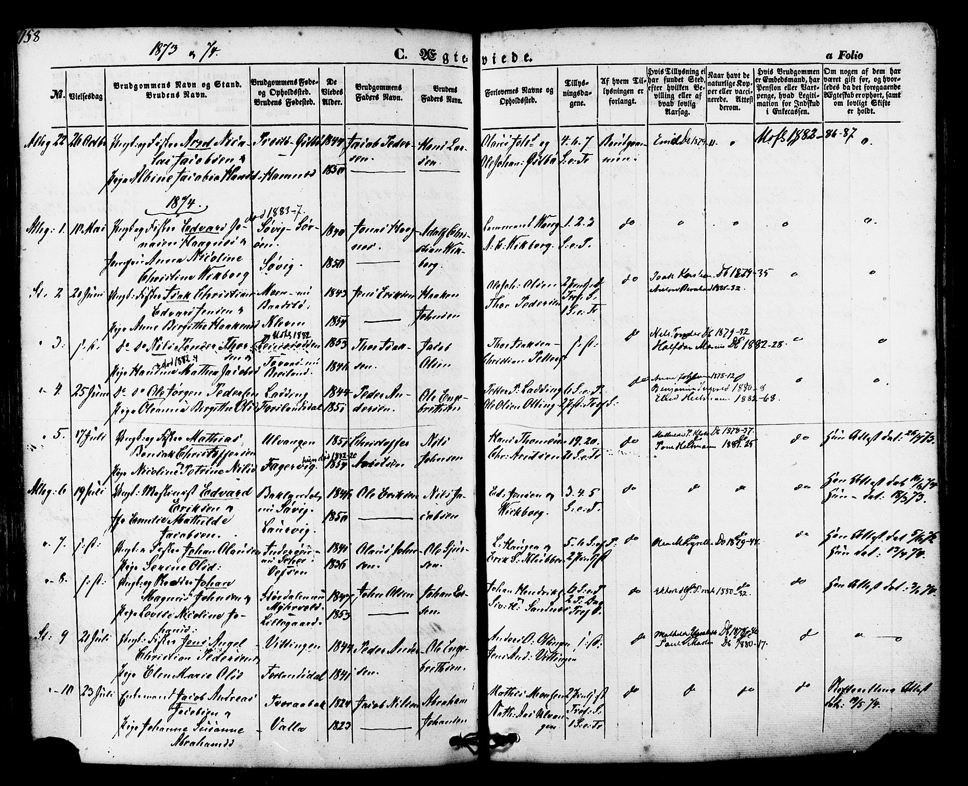 Ministerialprotokoller, klokkerbøker og fødselsregistre - Nordland, SAT/A-1459/830/L0448: Parish register (official) no. 830A12, 1855-1878, p. 158