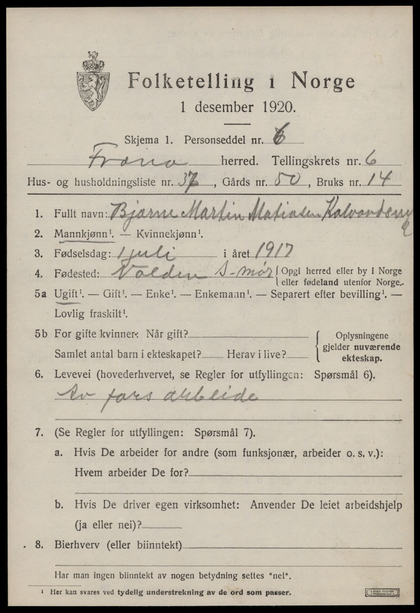 SAT, 1920 census for Fræna, 1920, p. 4495