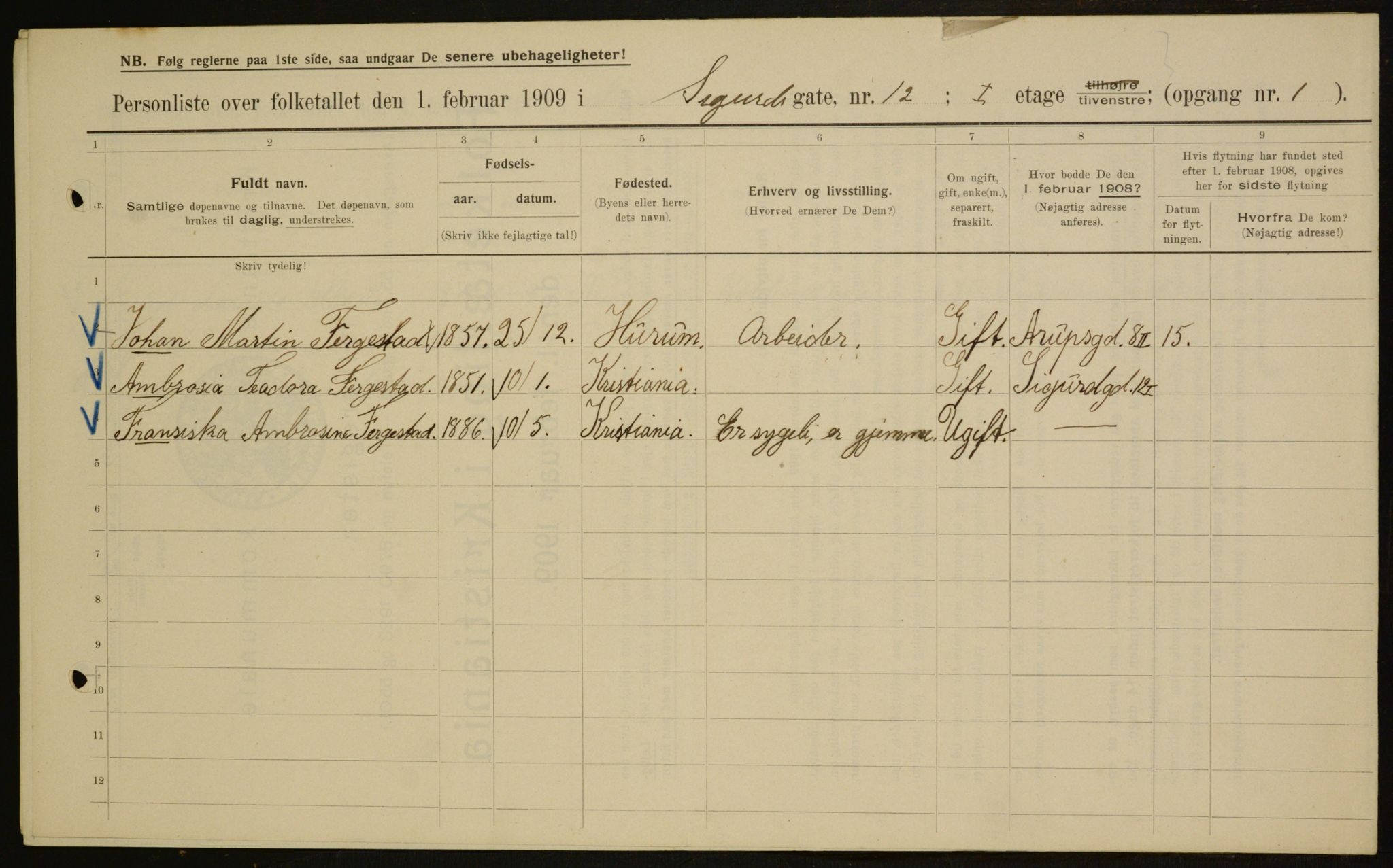 OBA, Municipal Census 1909 for Kristiania, 1909, p. 86311