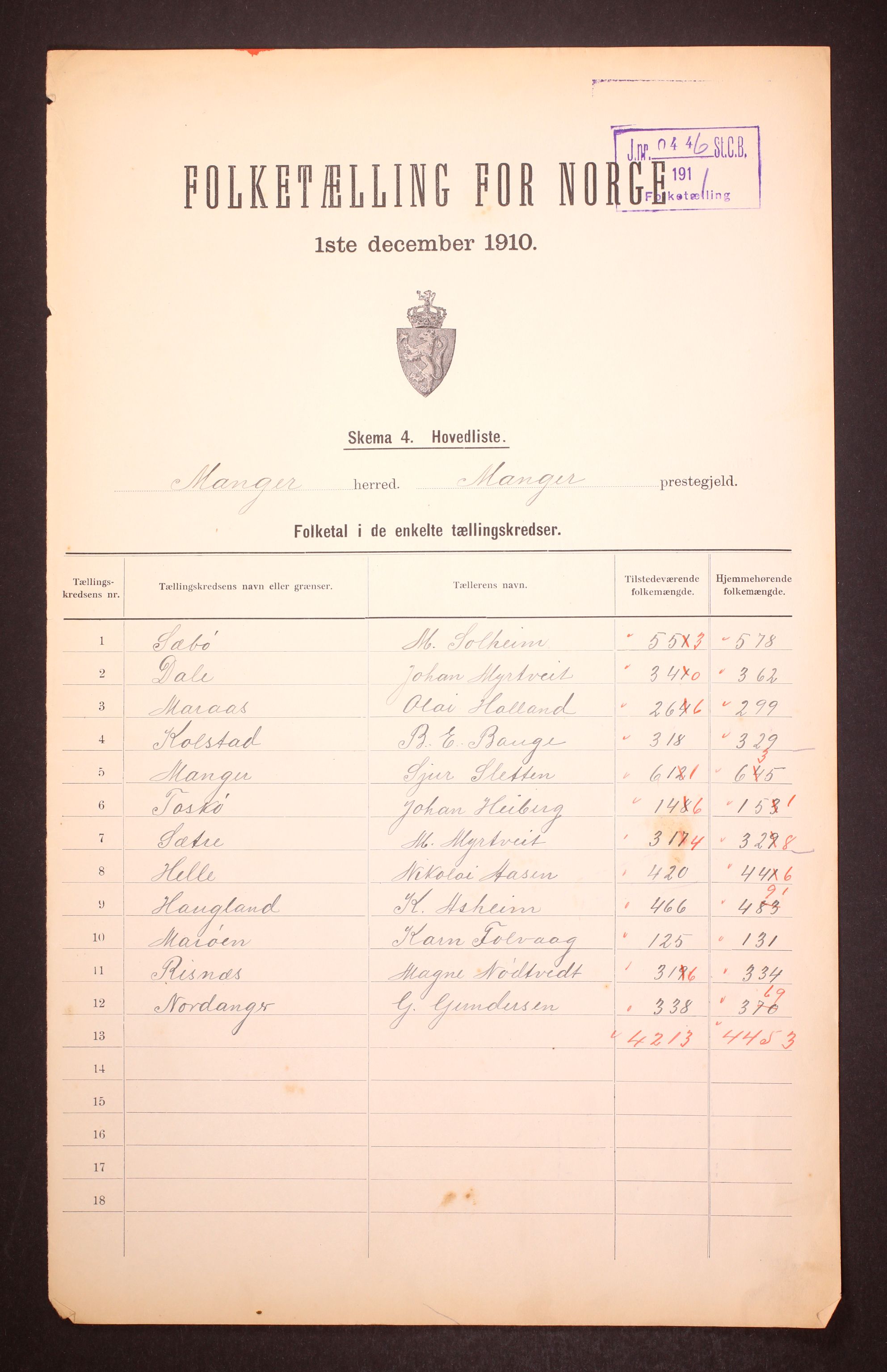 RA, 1910 census for Manger, 1910, p. 2