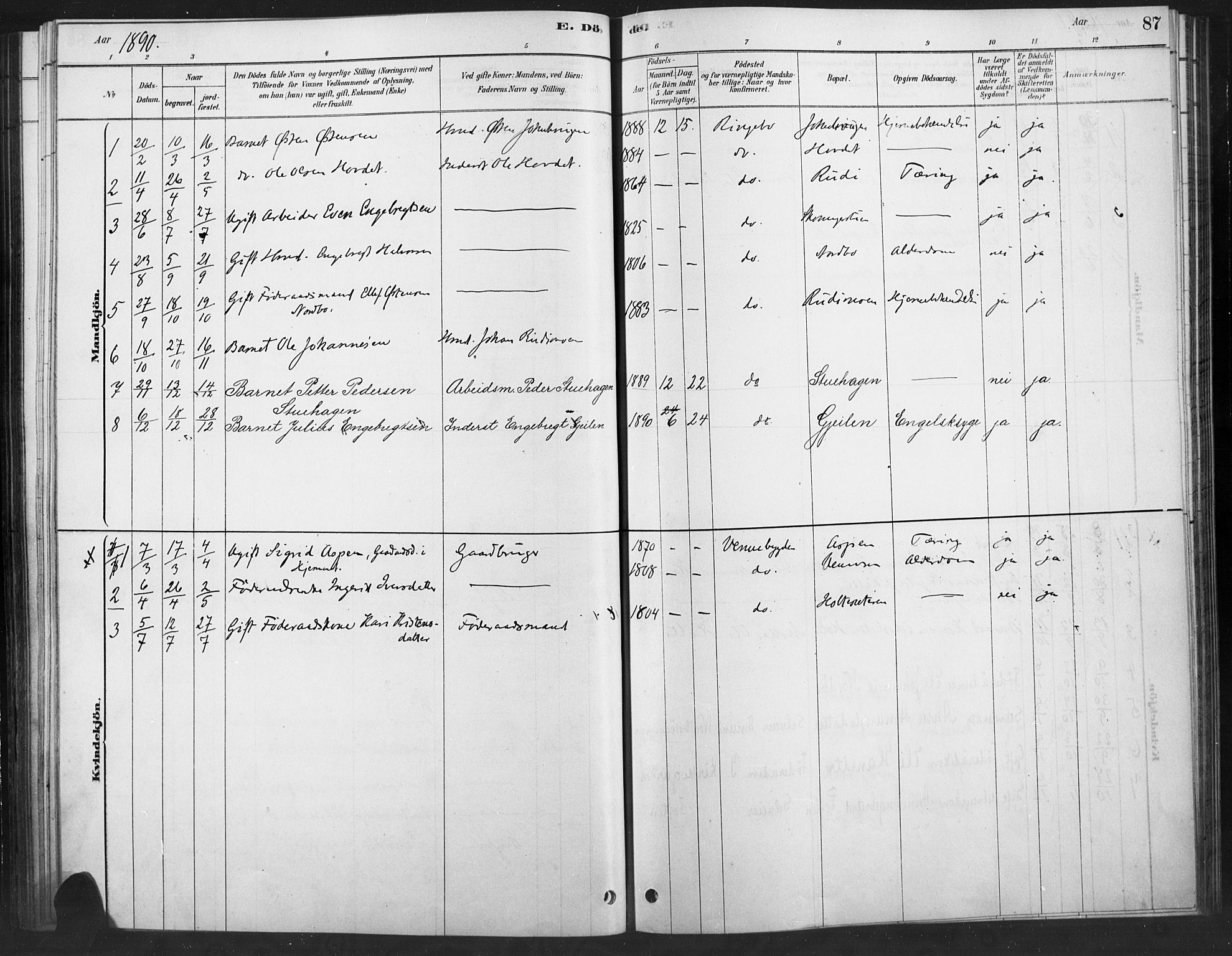 Ringebu prestekontor, SAH/PREST-082/H/Ha/Haa/L0010: Parish register (official) no. 10, 1878-1898, p. 87