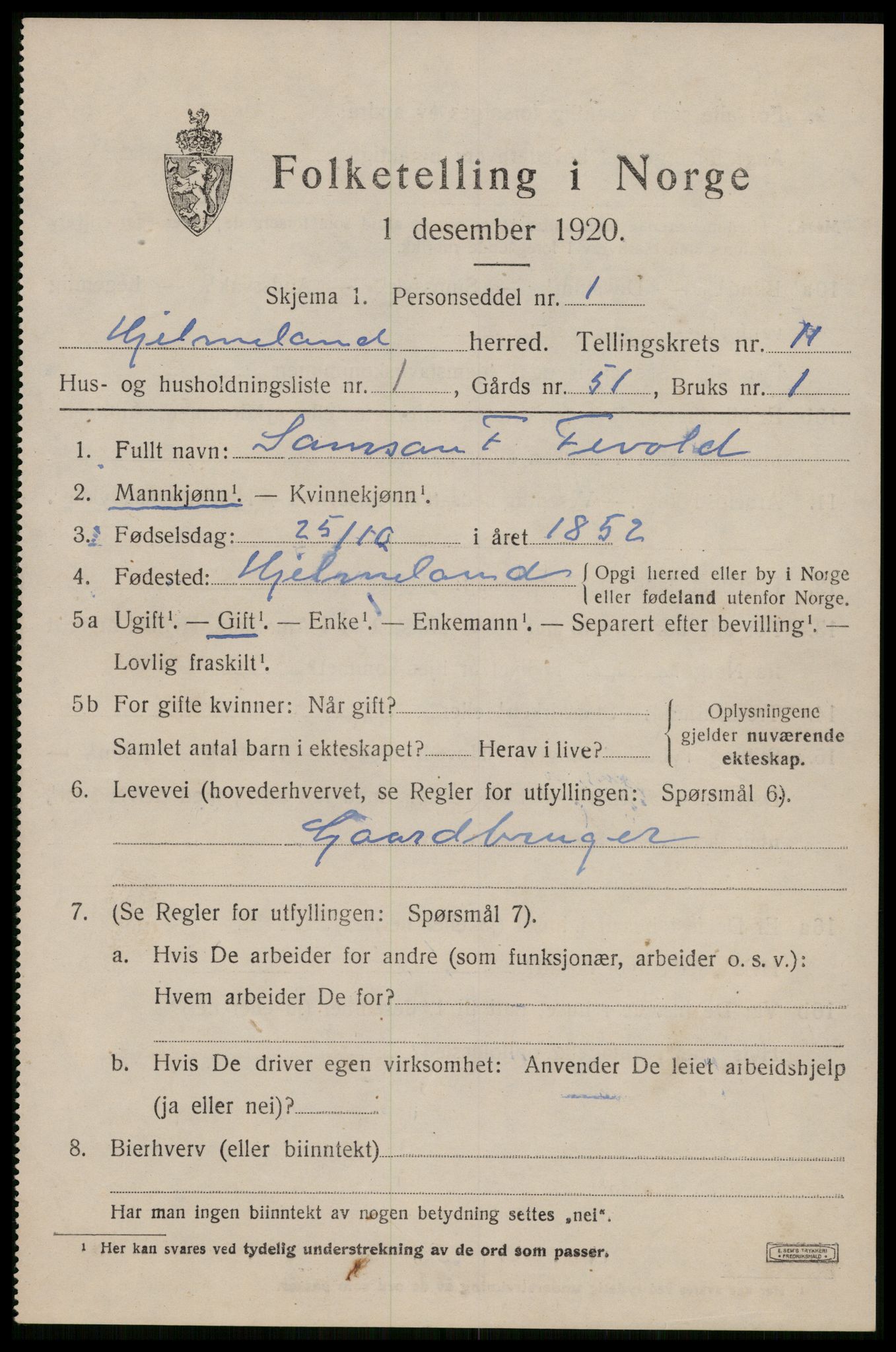 SAST, 1920 census for Hjelmeland, 1920, p. 3375