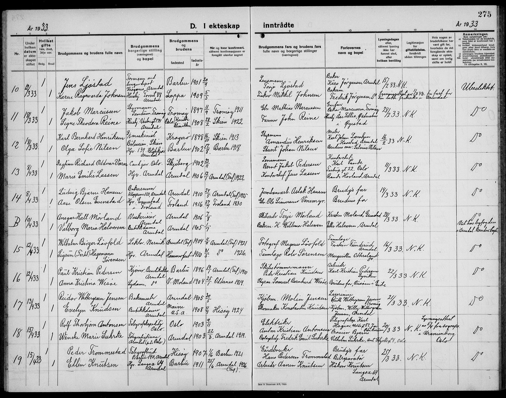 Arendal sokneprestkontor, Trefoldighet, AV/SAK-1111-0040/F/Fb/L0008: Parish register (copy) no. B 8, 1928-1939, p. 275