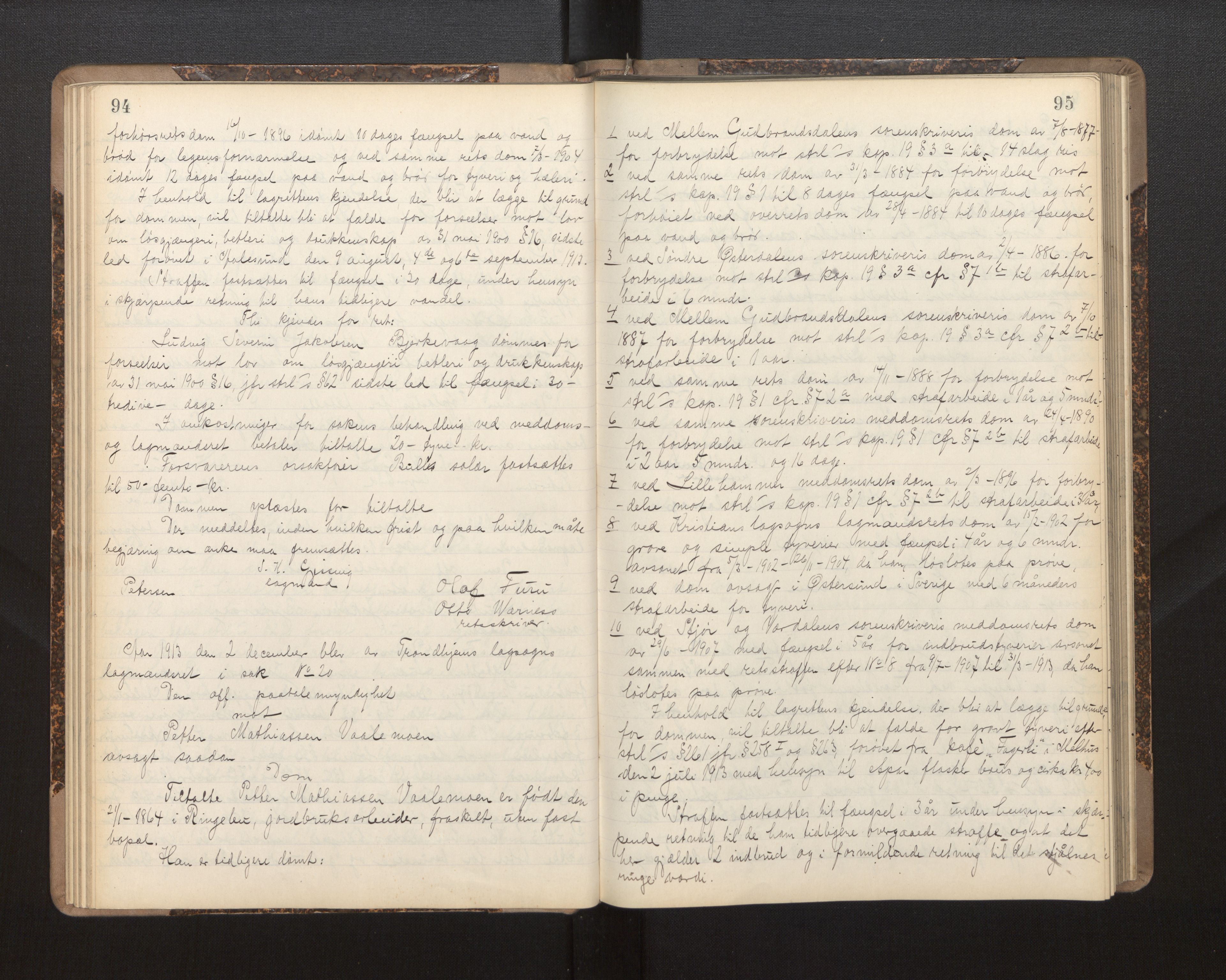 Gulating lagmannsrett, AV/SAB-A-60201/D/Da/L0005: Domsprotokoll for straffesaker - Gula- og Frostating lagdømme, 1912-1918, p. 94-95