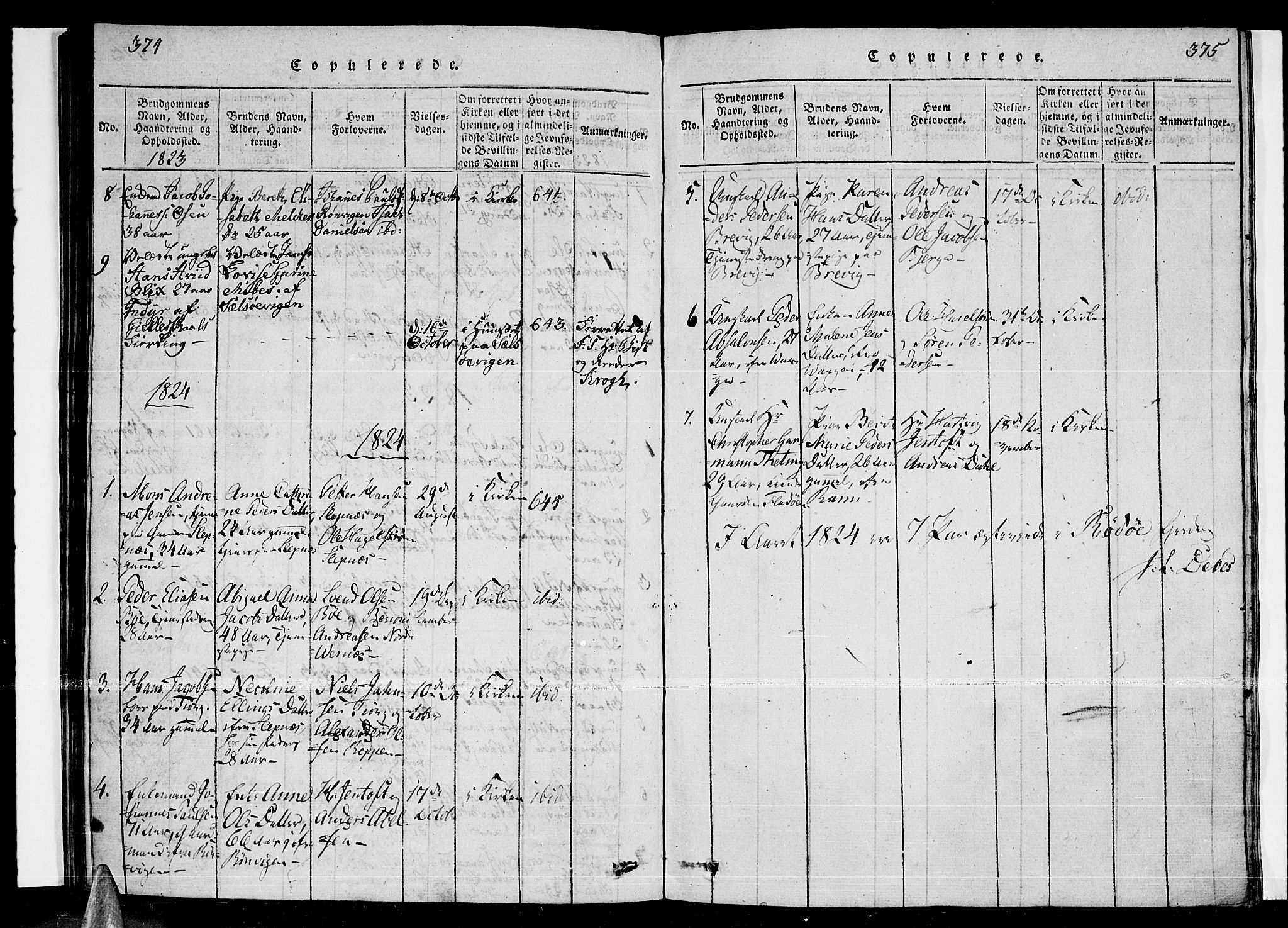 Ministerialprotokoller, klokkerbøker og fødselsregistre - Nordland, SAT/A-1459/841/L0593: Parish register (official) no. 841A04 /1, 1820-1825, p. 374-375