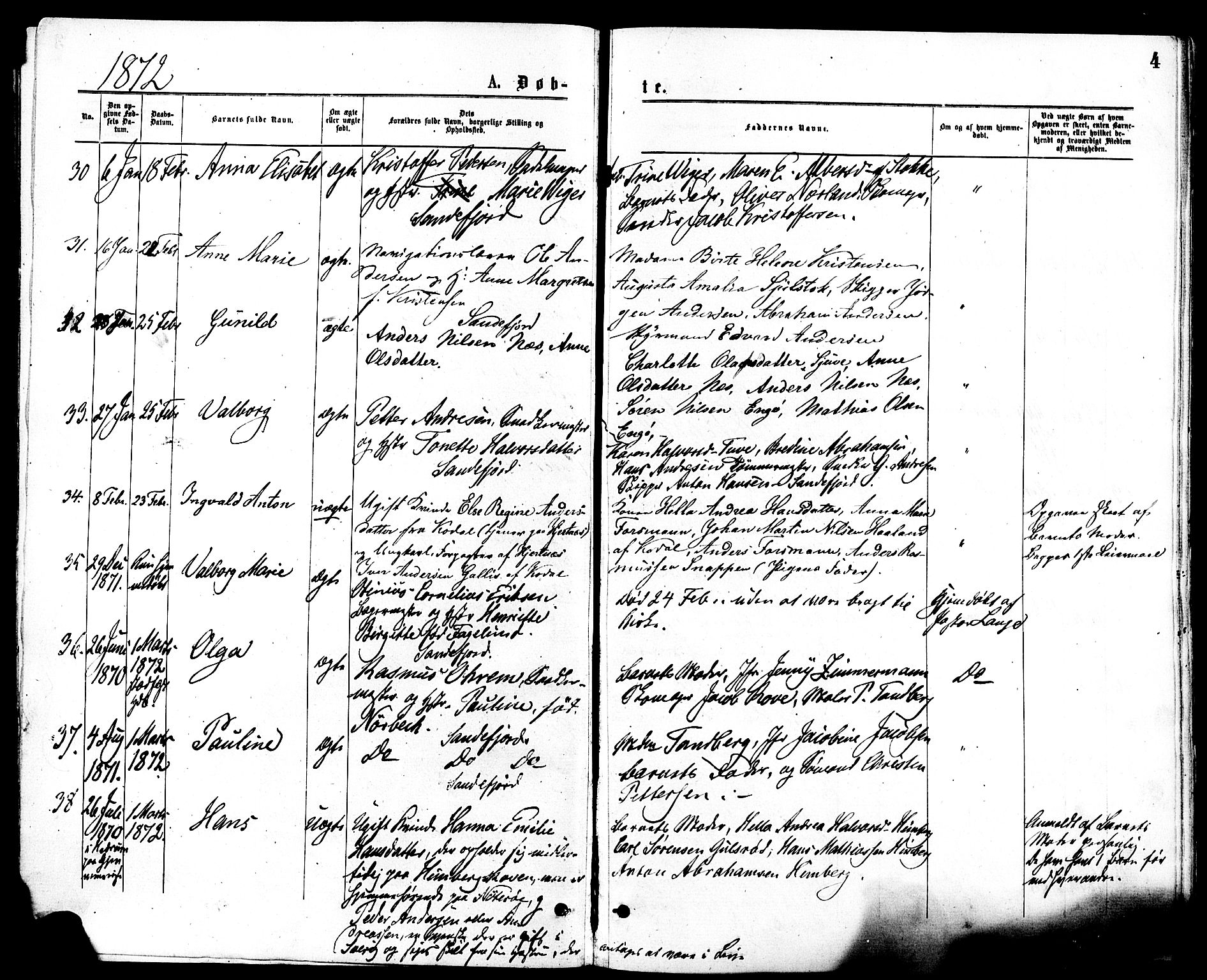 Sandar kirkebøker, AV/SAKO-A-243/F/Fa/L0010: Parish register (official) no. 10, 1872-1882, p. 4