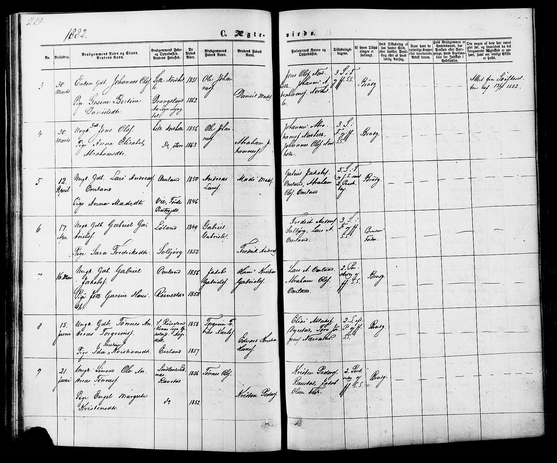 Kvinesdal sokneprestkontor, AV/SAK-1111-0026/F/Fa/Fab/L0007: Parish register (official) no. A 7, 1870-1885, p. 219