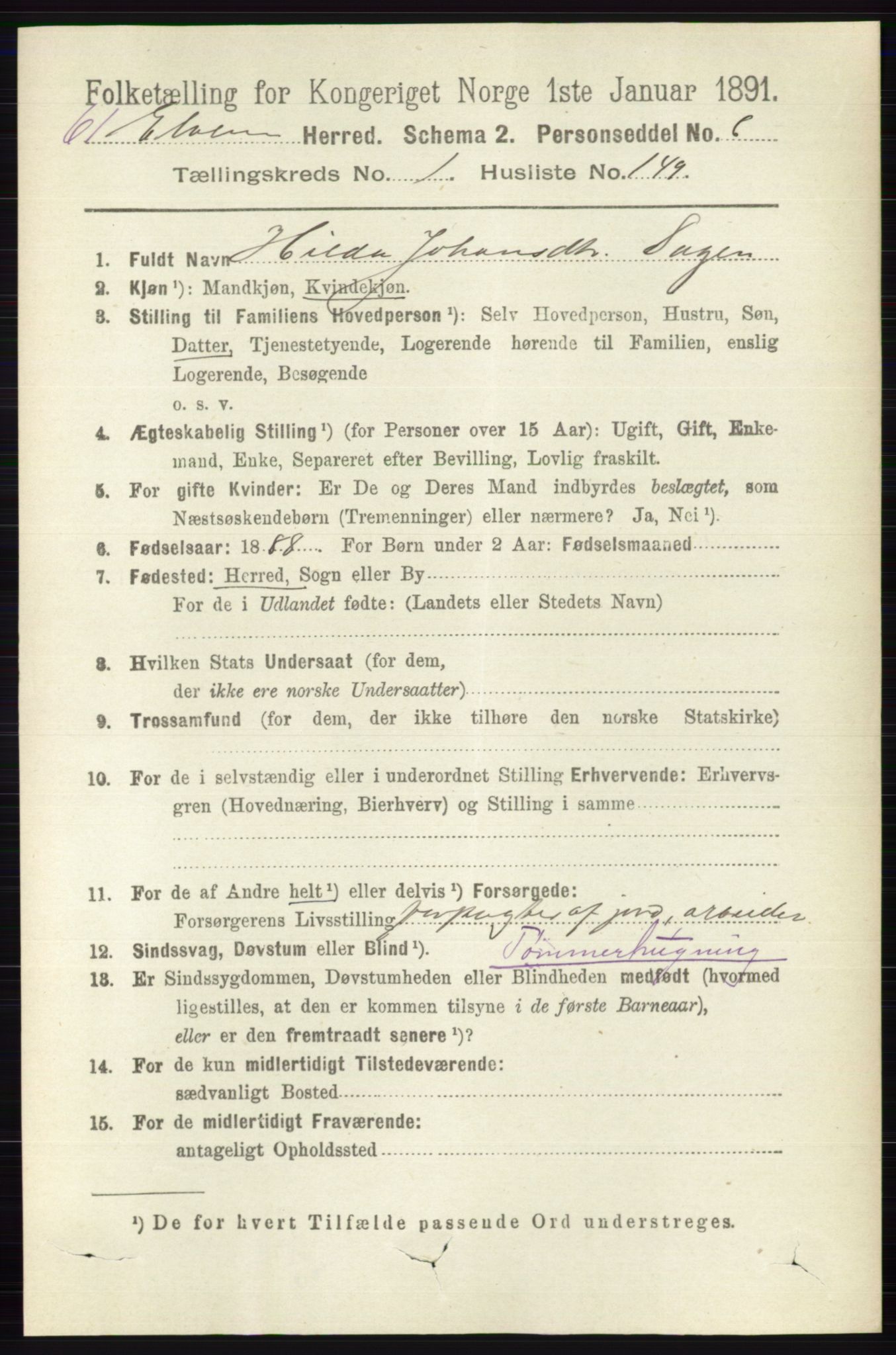 RA, 1891 census for 0427 Elverum, 1891, p. 1113