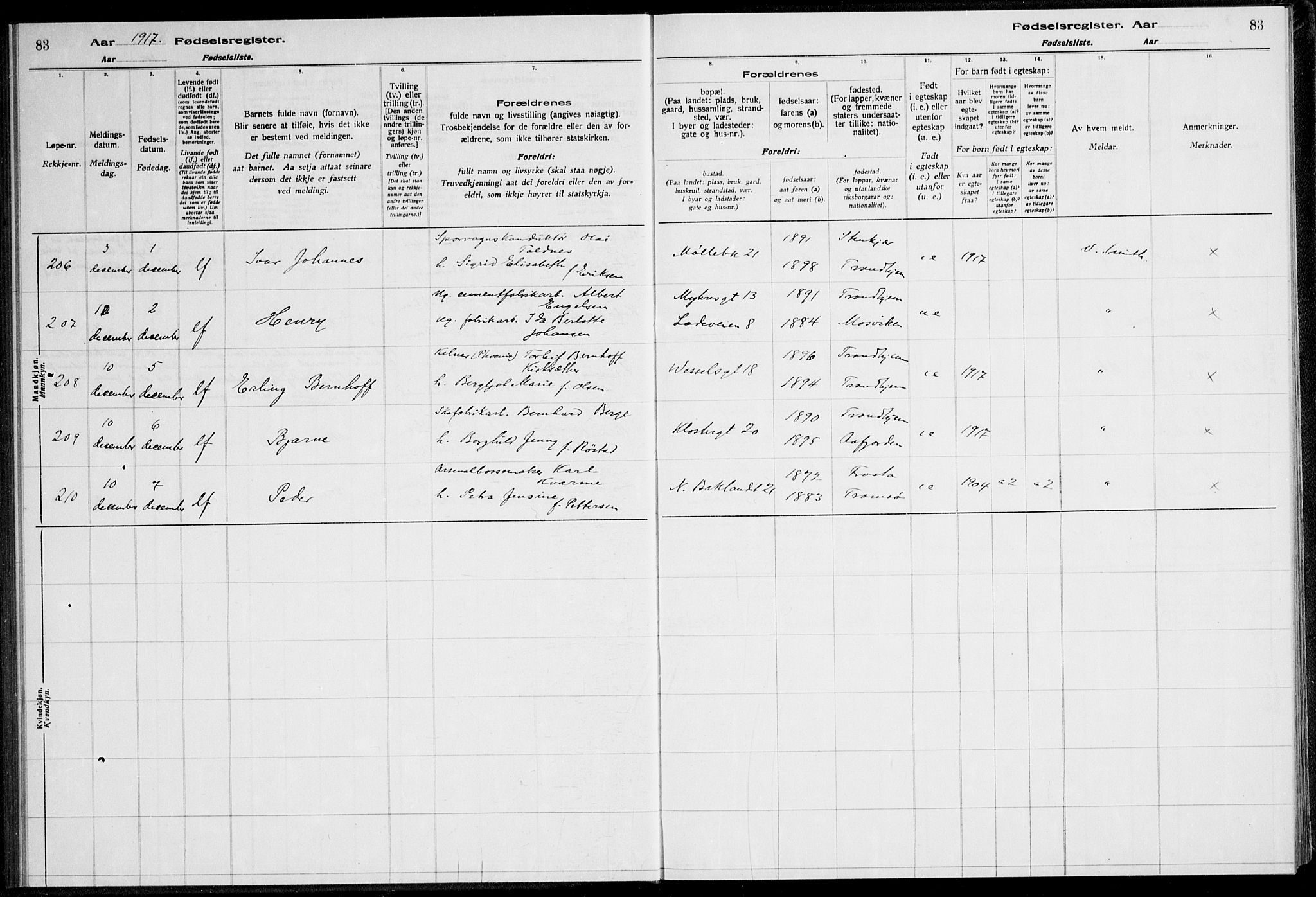 Ministerialprotokoller, klokkerbøker og fødselsregistre - Sør-Trøndelag, AV/SAT-A-1456/600/L0002: Birth register no. 600.II.4.1, 1916-1920, p. 83