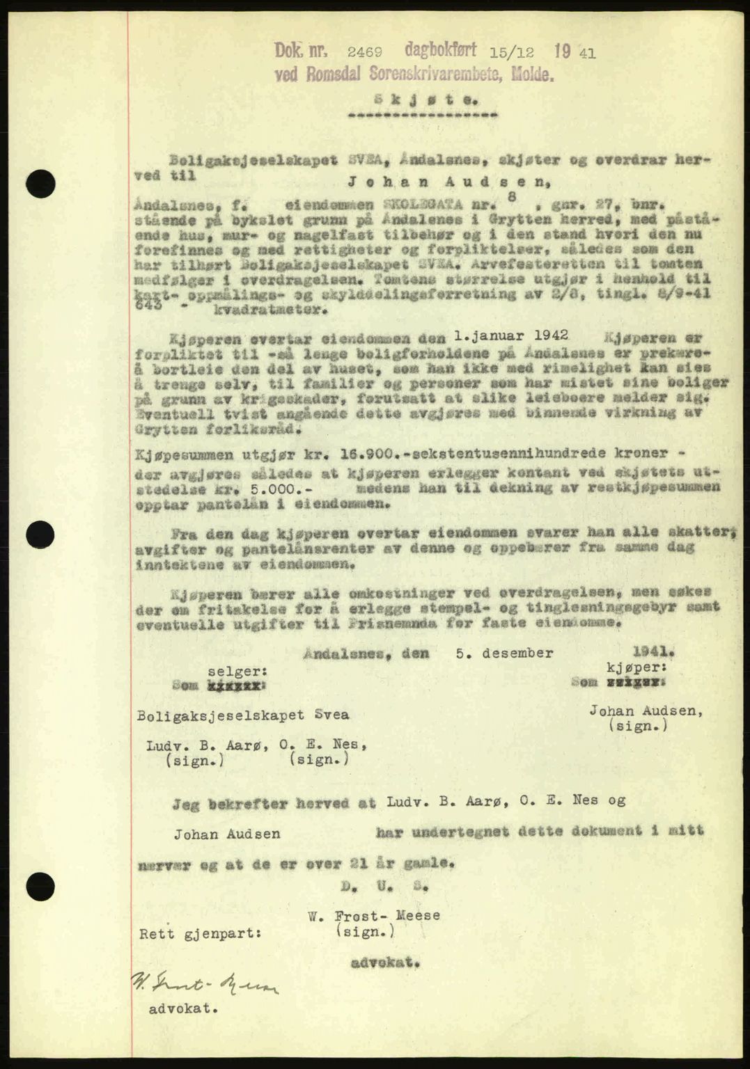 Romsdal sorenskriveri, AV/SAT-A-4149/1/2/2C: Mortgage book no. A11, 1941-1942, Diary no: : 2469/1941