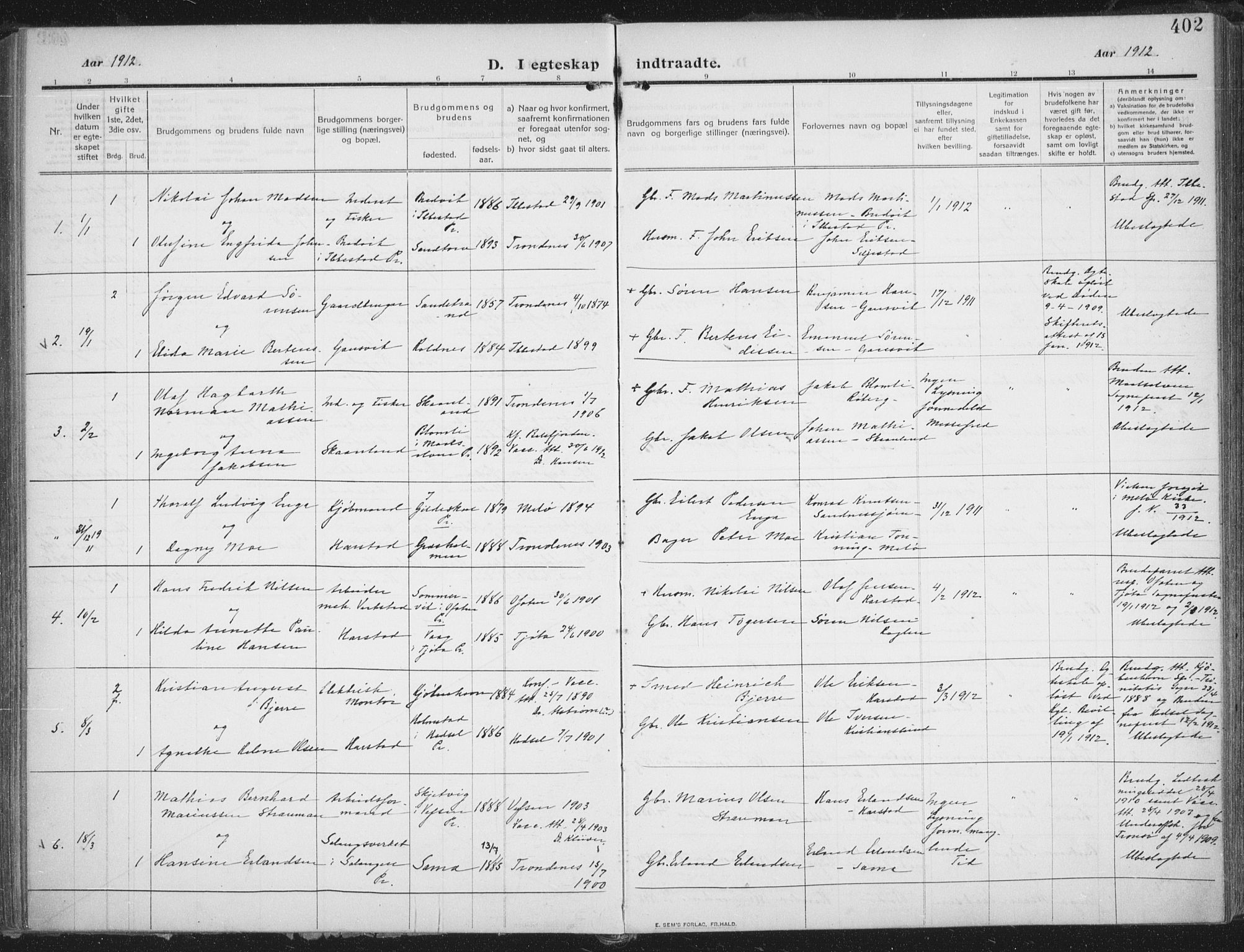 Trondenes sokneprestkontor, SATØ/S-1319/H/Ha/L0018kirke: Parish register (official) no. 18, 1909-1918, p. 402