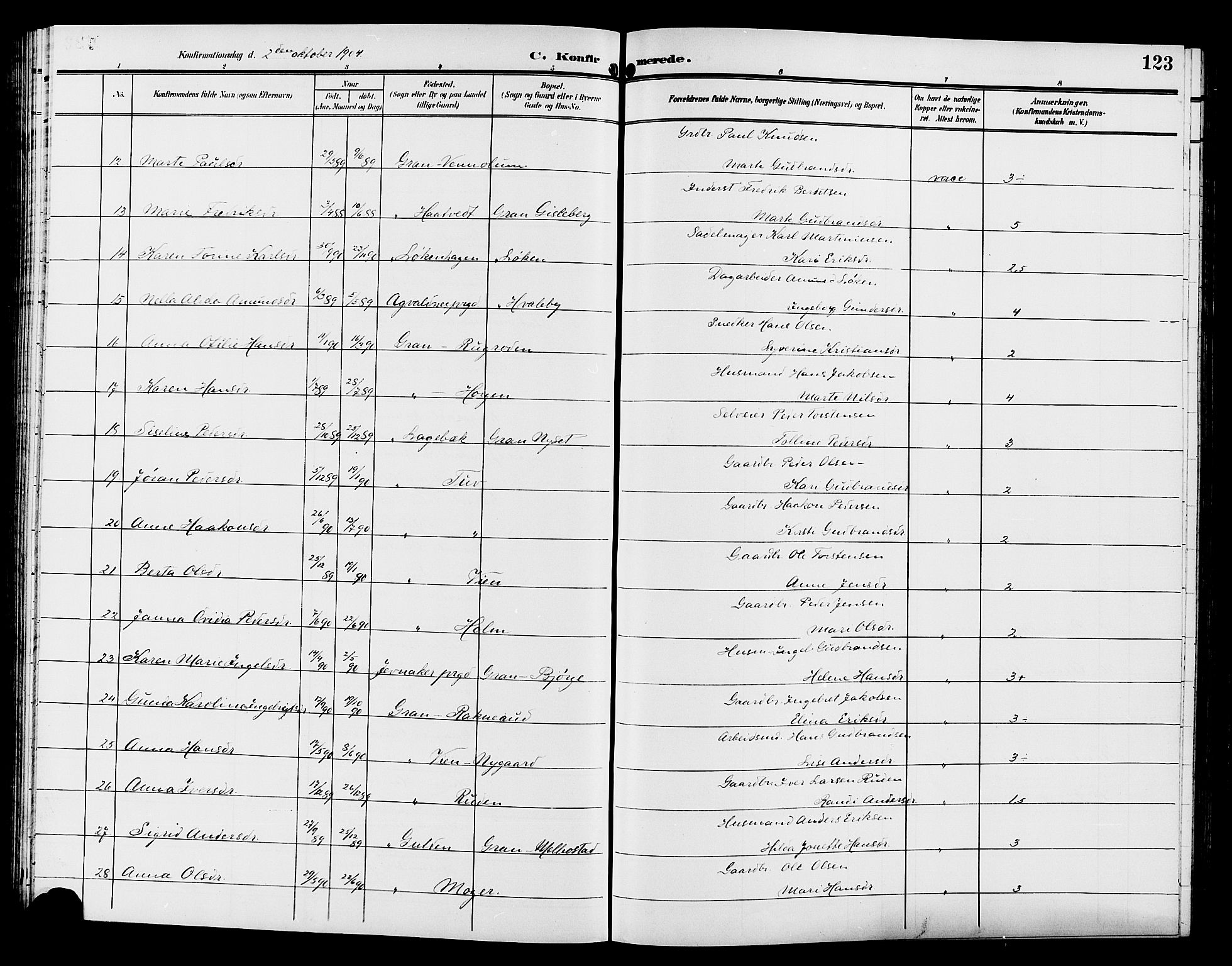 Gran prestekontor, SAH/PREST-112/H/Ha/Hab/L0006: Parish register (copy) no. 6, 1901-1911, p. 123