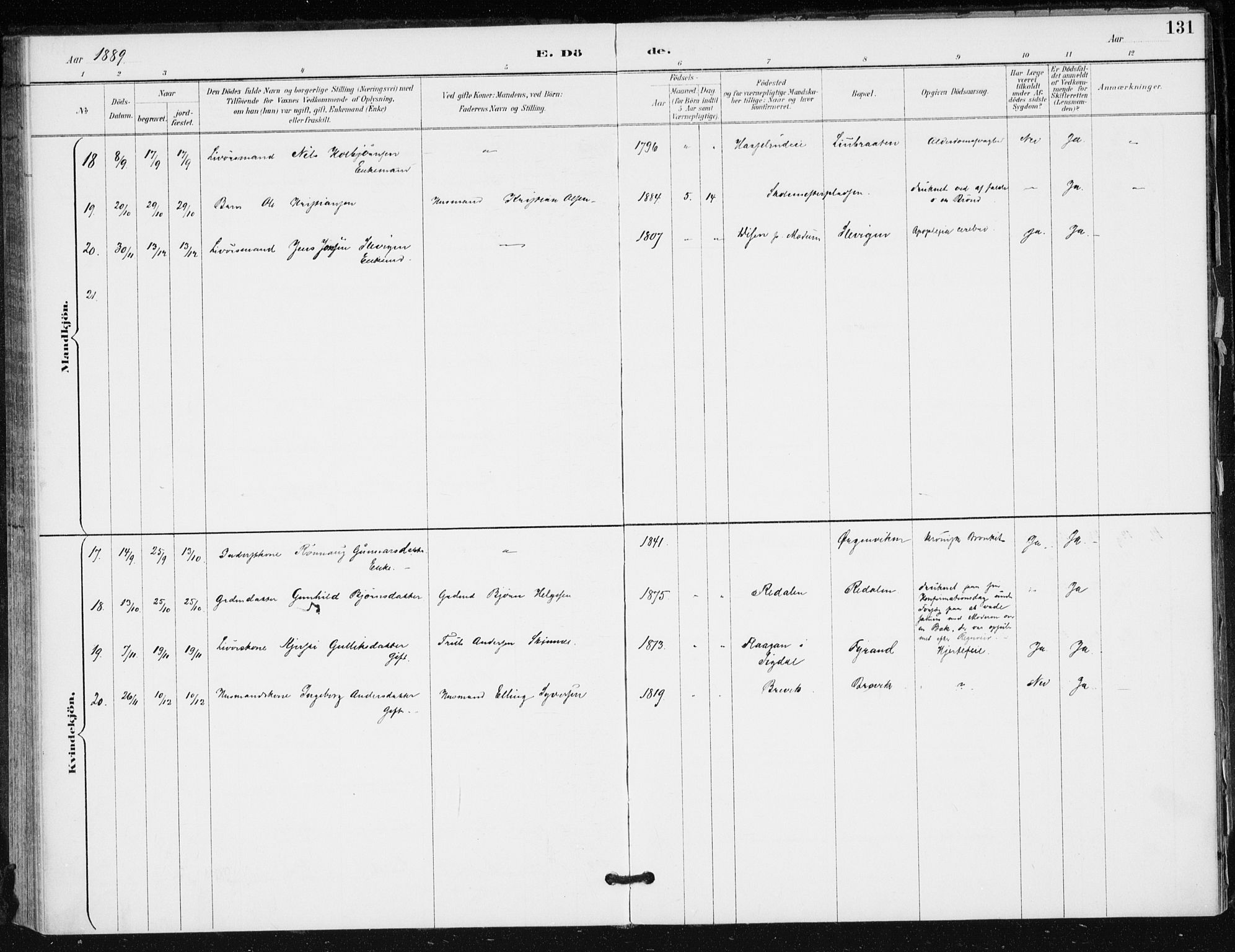 Krødsherad kirkebøker, AV/SAKO-A-19/F/Fa/L0006: Parish register (official) no. 6, 1889-1899, p. 131