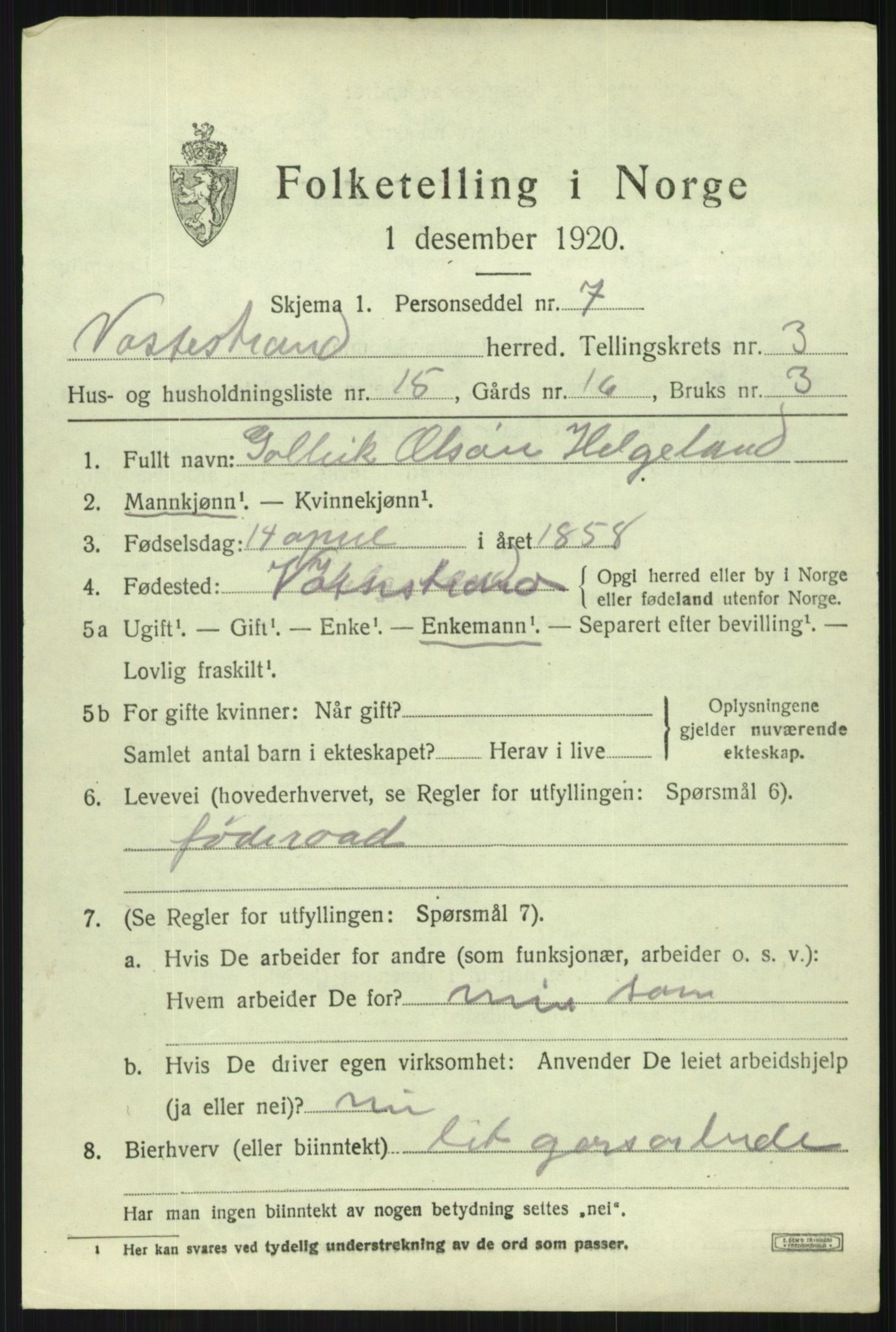 SAB, 1920 census for Vossestrand, 1920, p. 1596