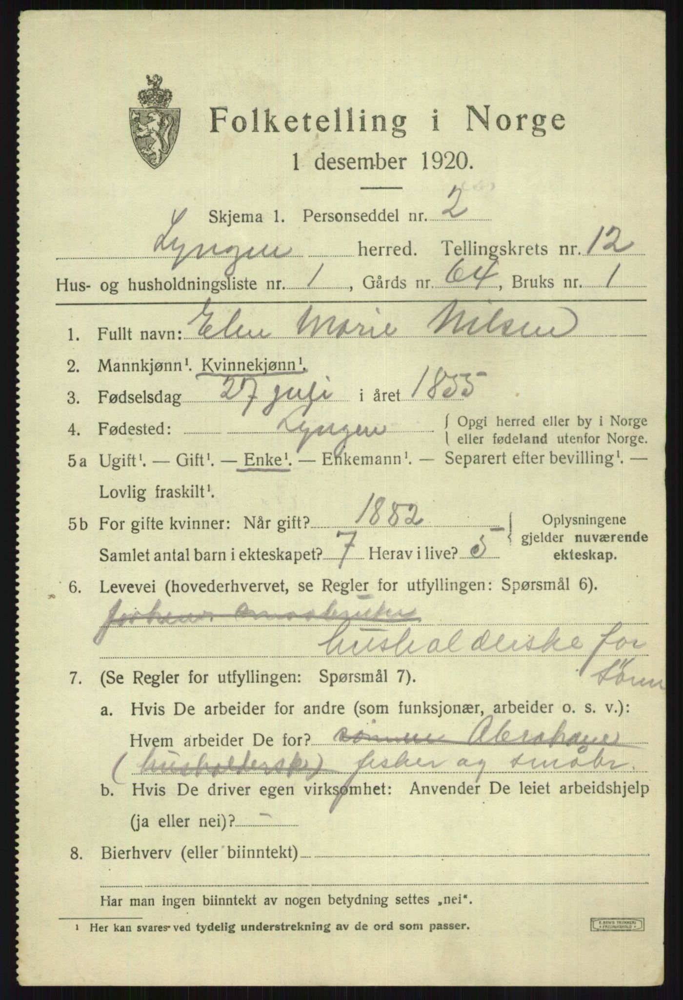 SATØ, 1920 census for Lyngen, 1920, p. 9057