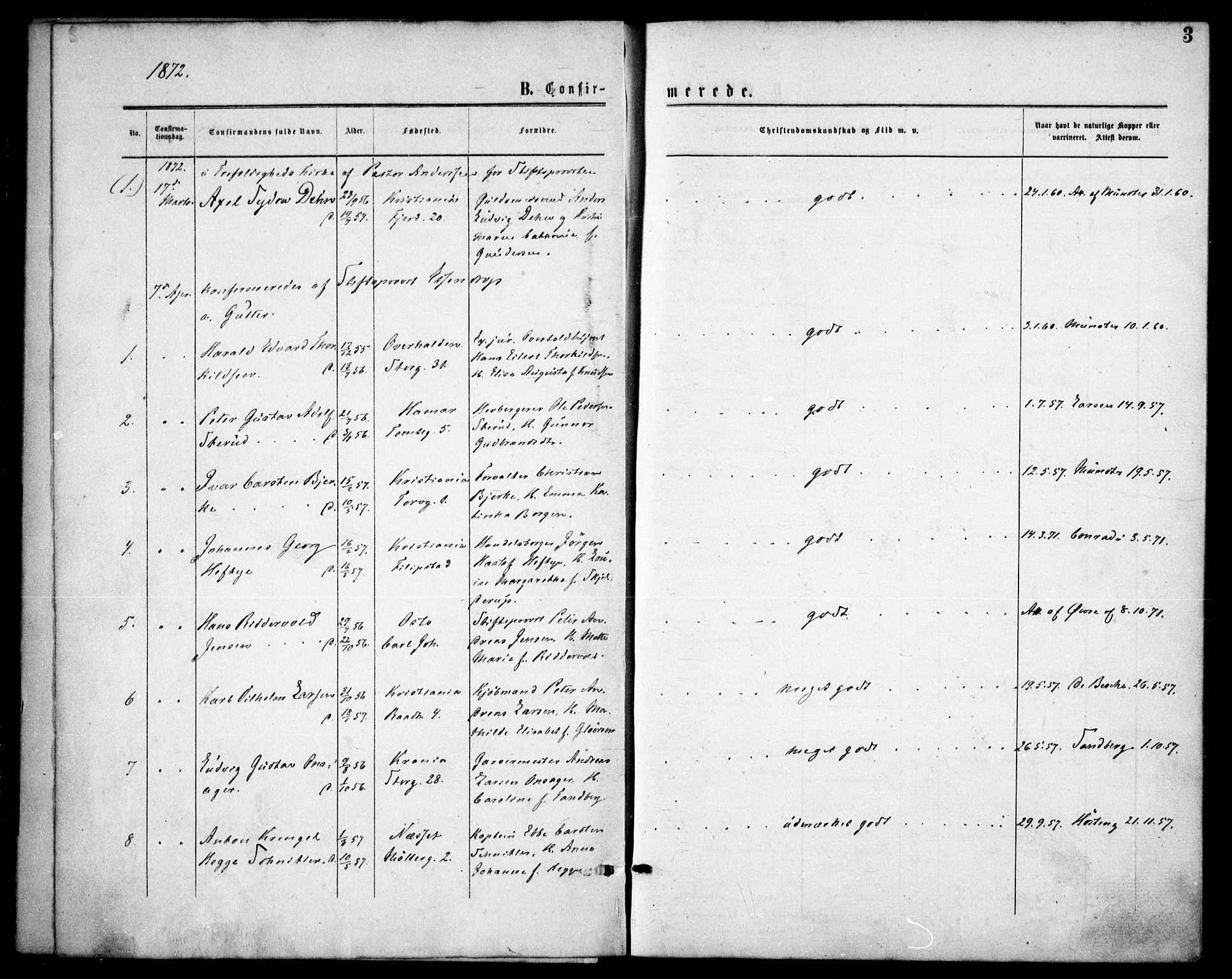 Oslo domkirke Kirkebøker, SAO/A-10752/F/Fa/L0018: Parish register (official) no. 18, 1872-1886, p. 3
