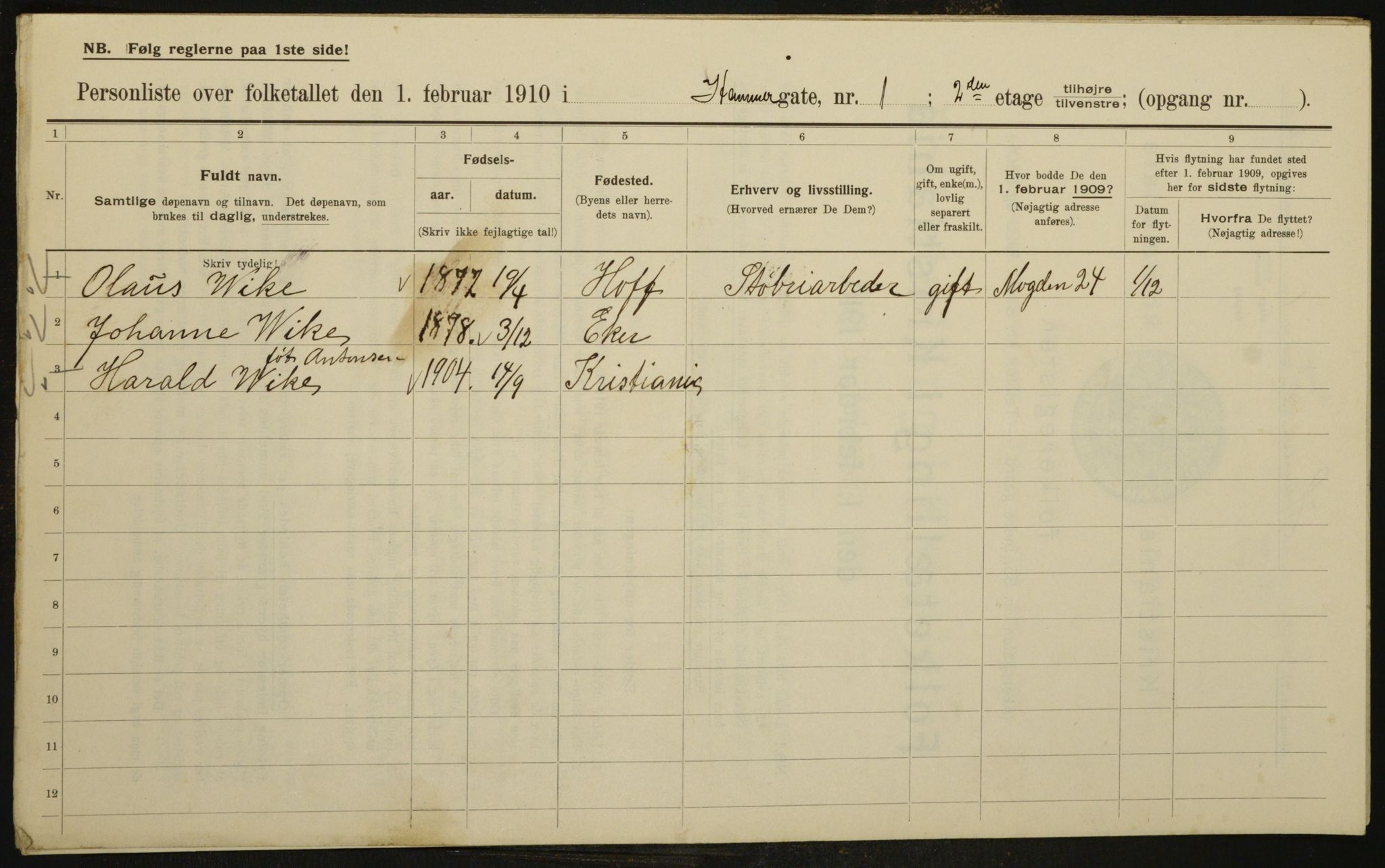 OBA, Municipal Census 1910 for Kristiania, 1910, p. 32185