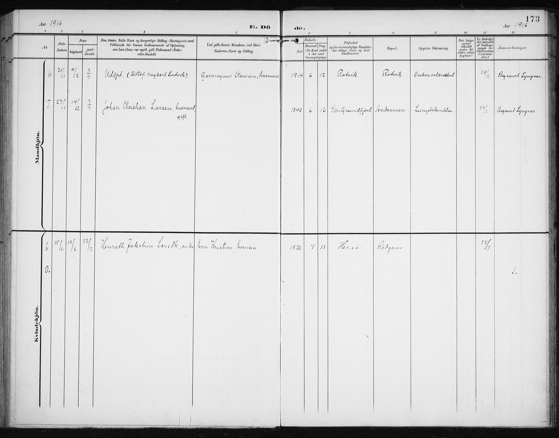 Karlsøy sokneprestembete, AV/SATØ-S-1299/H/Ha/Haa/L0013kirke: Parish register (official) no. 13, 1902-1916, p. 173