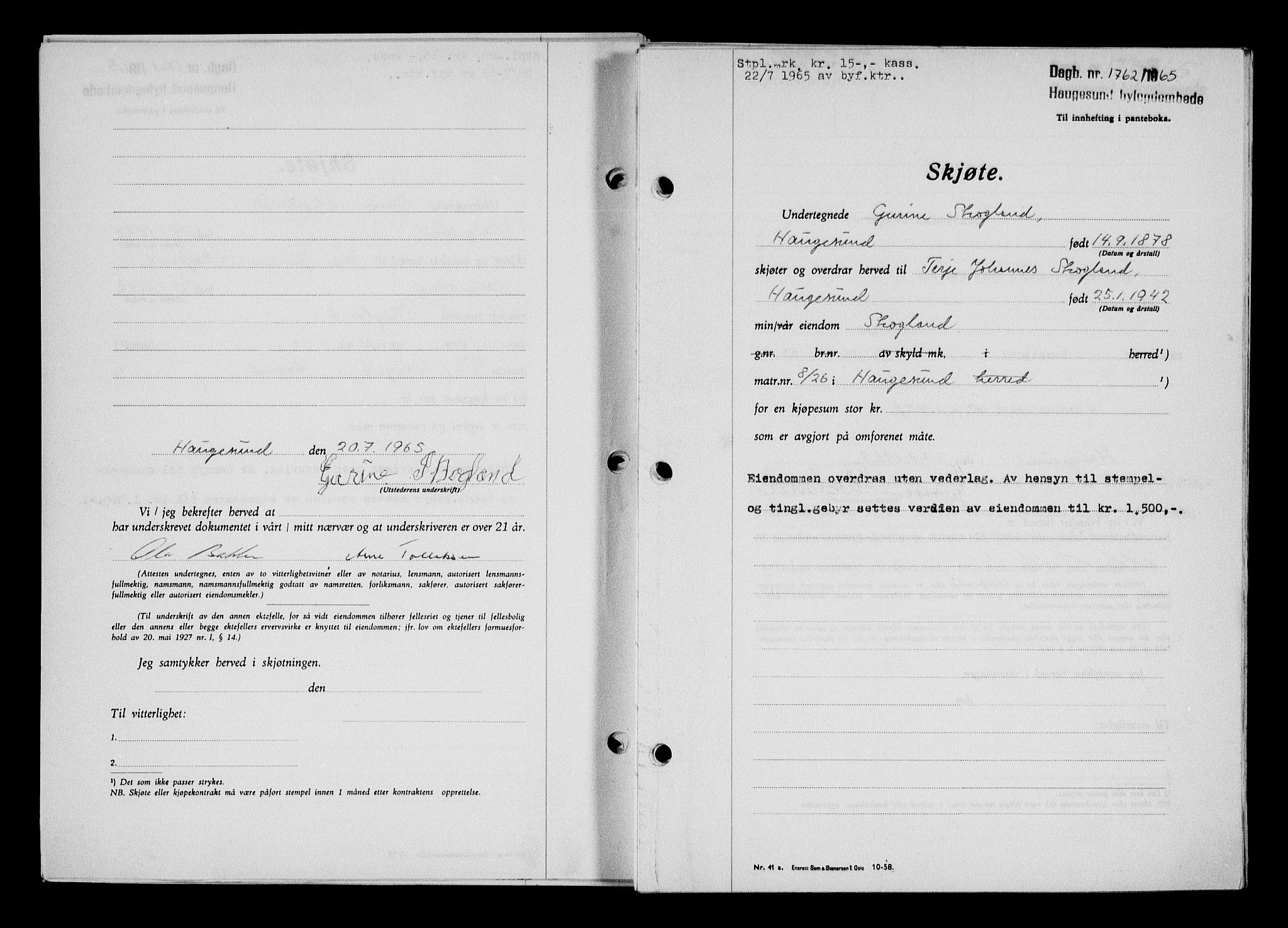 Haugesund tingrett, AV/SAST-A-101415/01/II/IIC/L0076: Mortgage book no. A 17, 1965-1966, Diary no: : 1762/1965