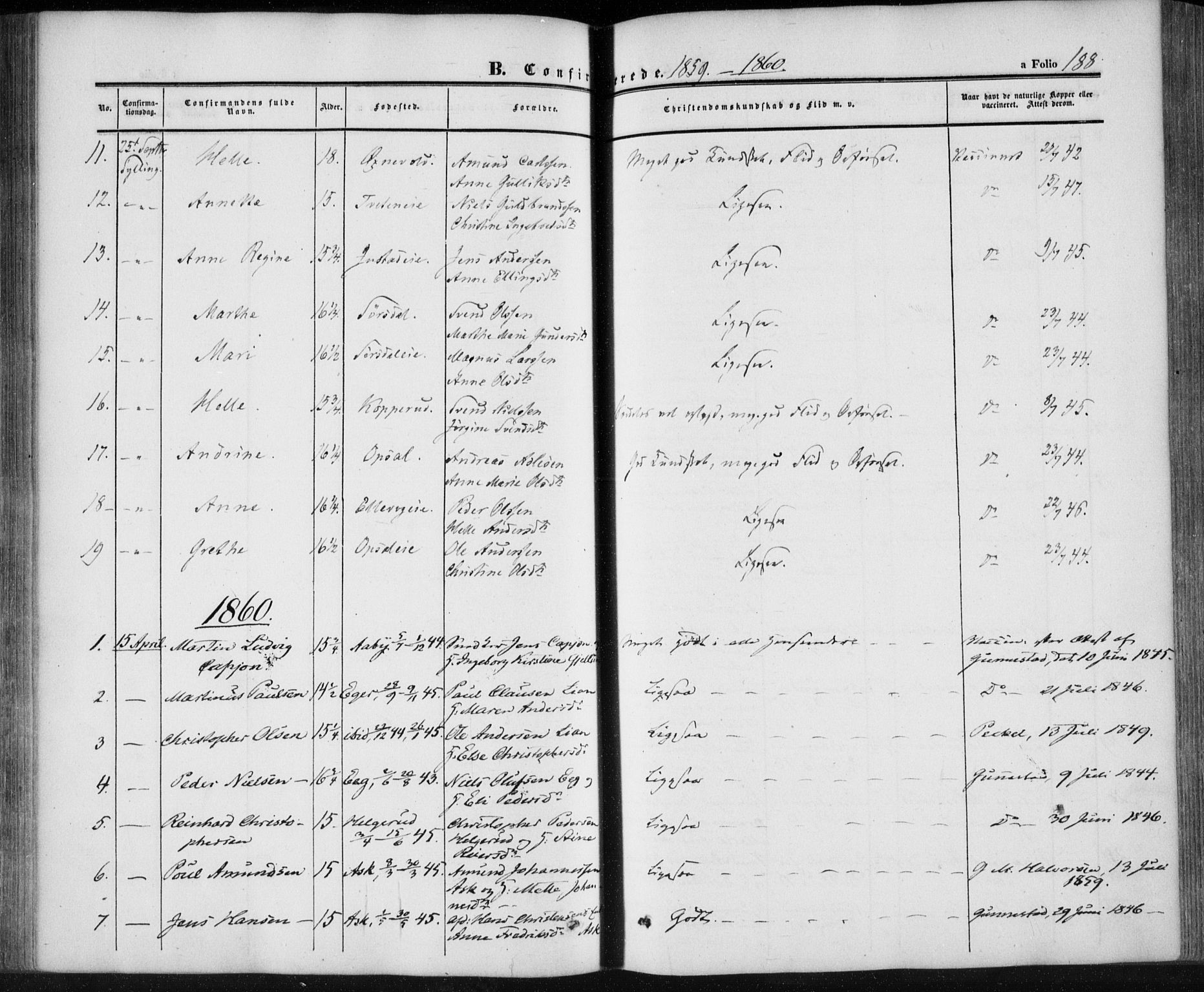 Lier kirkebøker, SAKO/A-230/F/Fa/L0012: Parish register (official) no. I 12, 1854-1864, p. 188
