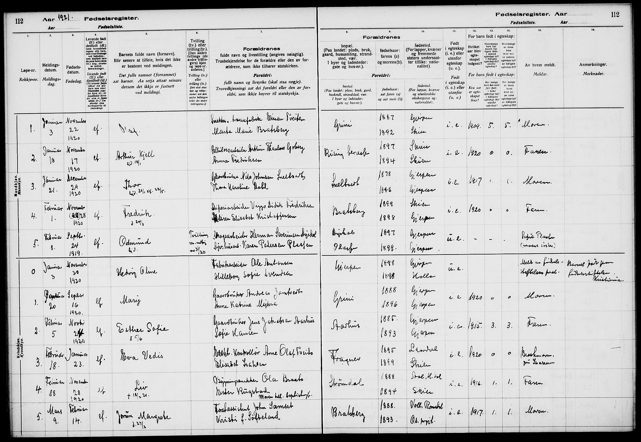 Gjerpen kirkebøker, SAKO/A-265/J/Ja/L0001: Birth register no. 1, 1916-1926, p. 112