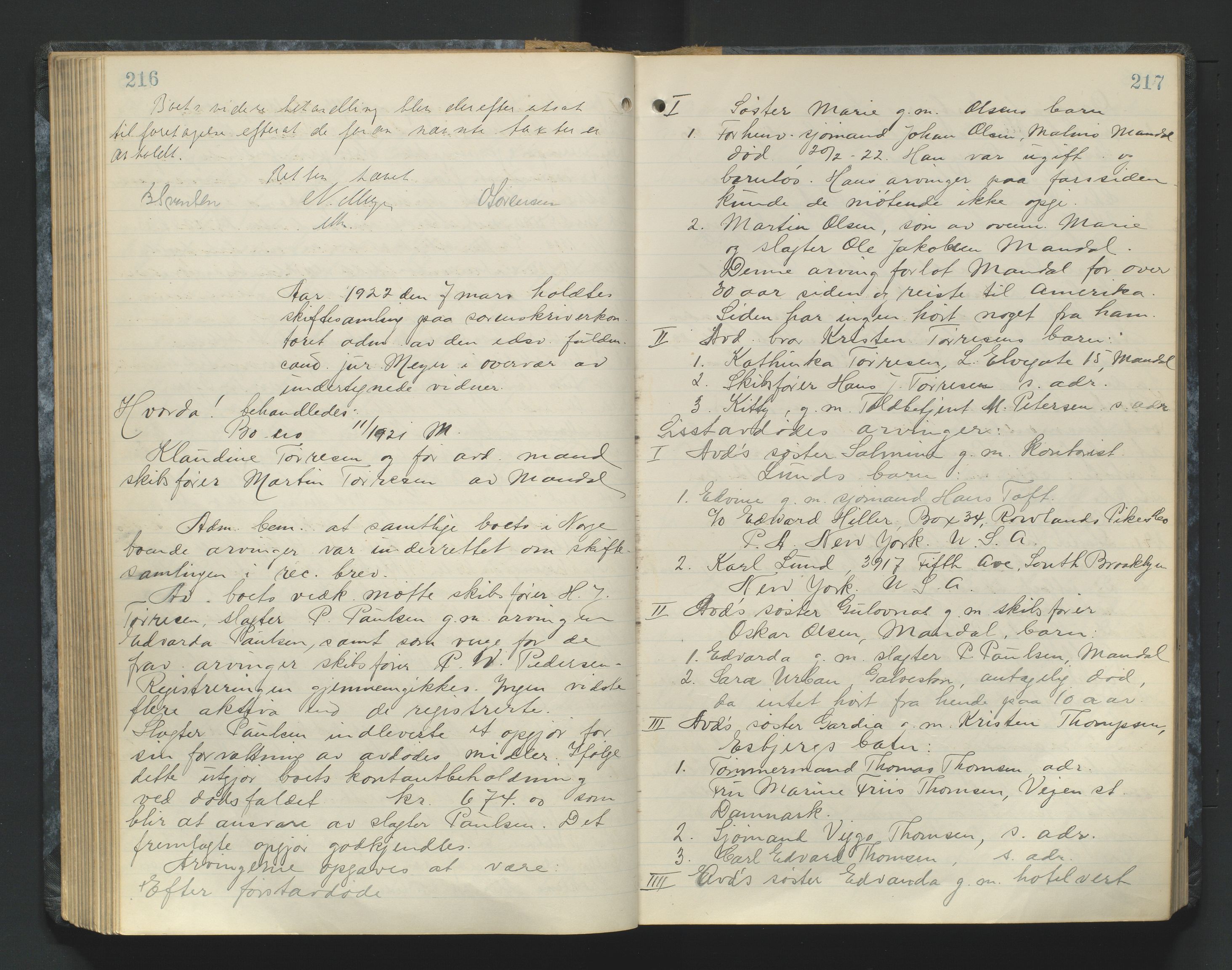 Mandal sorenskriveri, AV/SAK-1221-0005/001/H/Hc/L0084: Skifteforhandlingsprotokoll nr 16, 1921-1924, p. 216-217