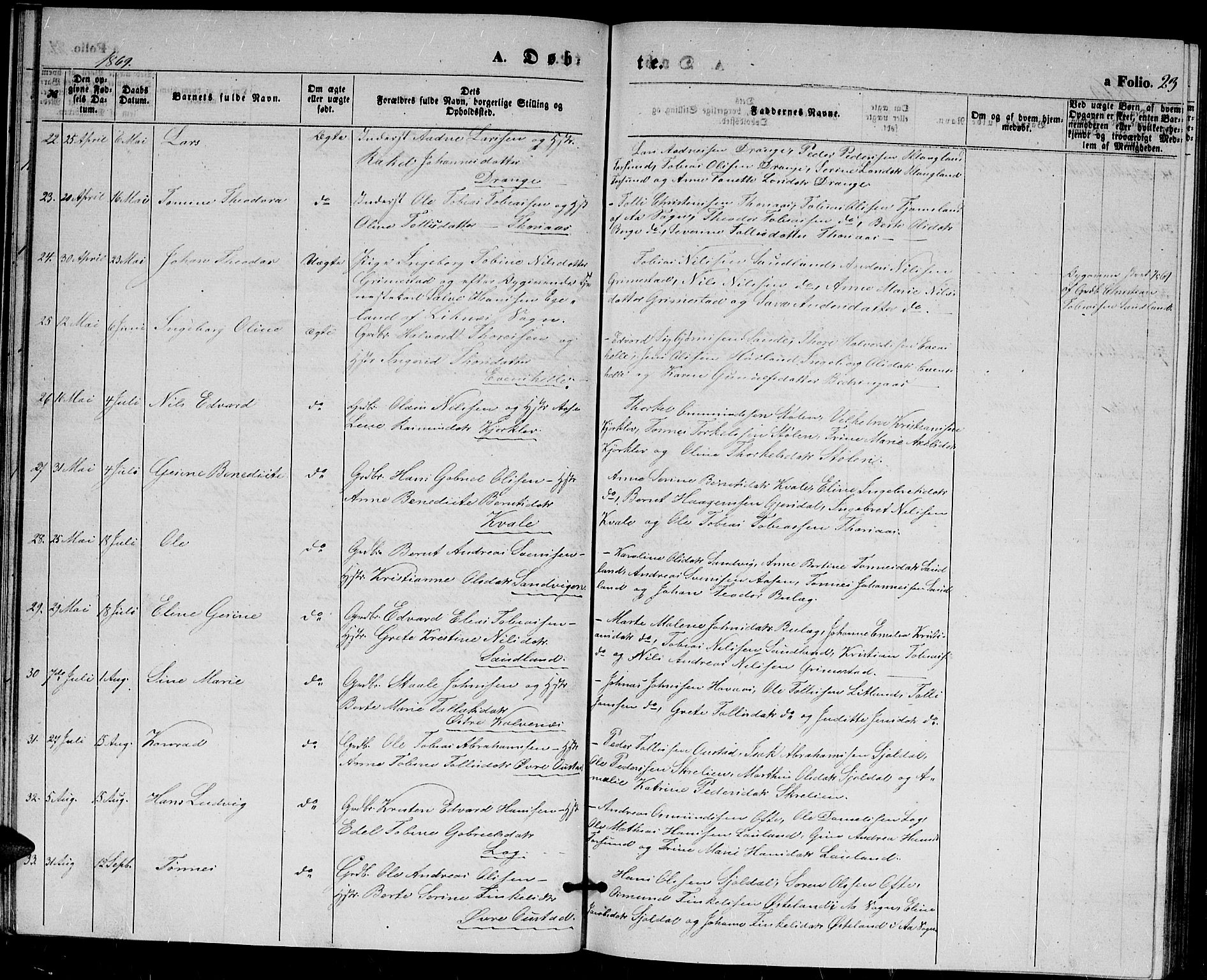 Herad sokneprestkontor, AV/SAK-1111-0018/F/Fb/Fba/L0003: Parish register (copy) no. B 3, 1863-1883, p. 23