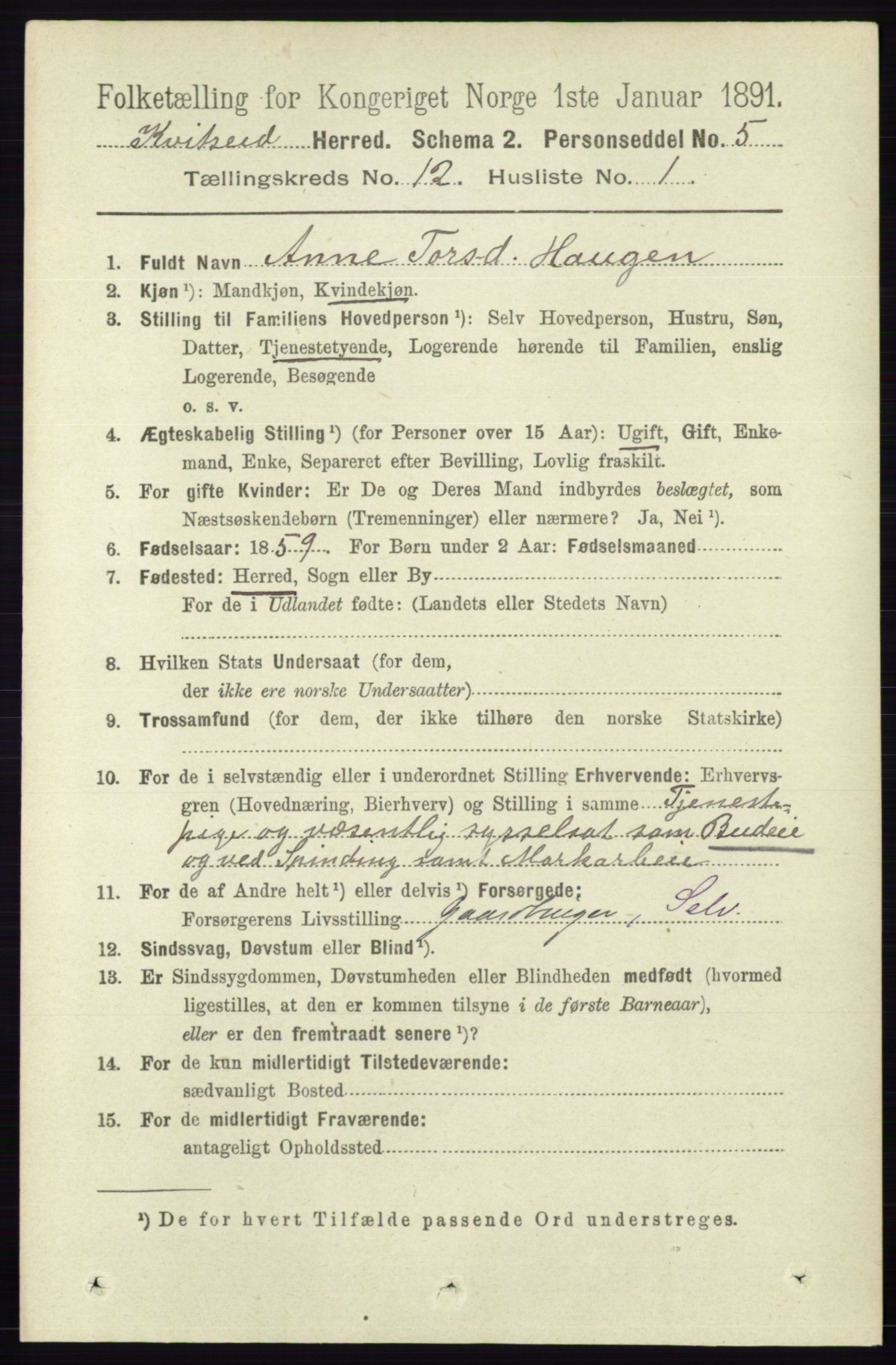 RA, 1891 census for 0829 Kviteseid, 1891, p. 2846