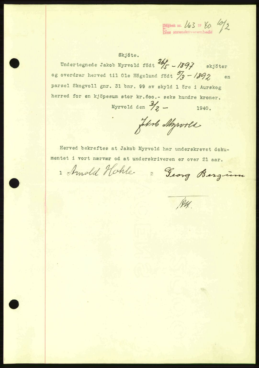 Nes tingrett, SAO/A-10548/G/Gb/Gbb/L0010: Mortgage book no. 54, 1939-1940, Diary no: : 163/1940