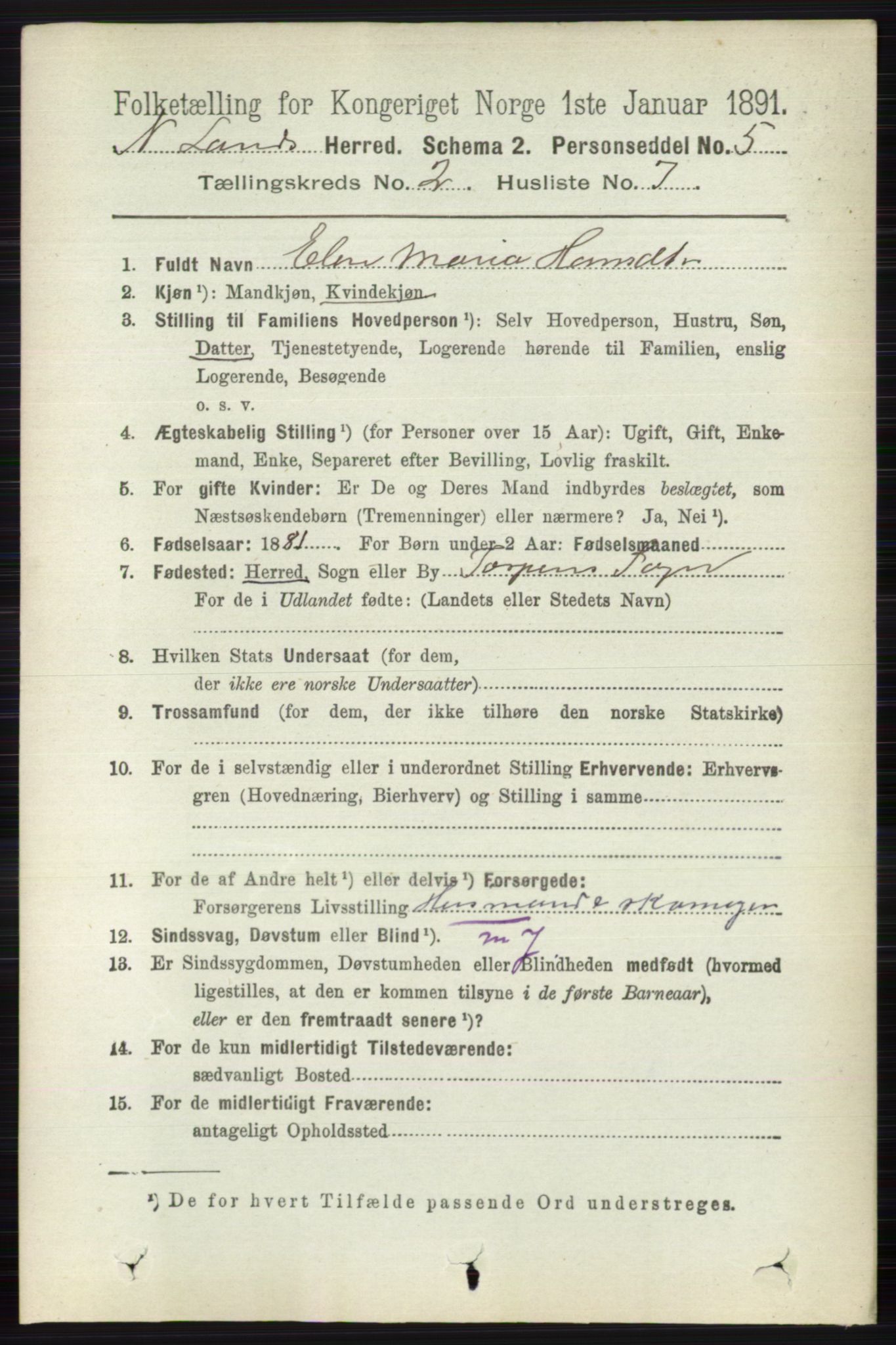 RA, 1891 census for 0538 Nordre Land, 1891, p. 610