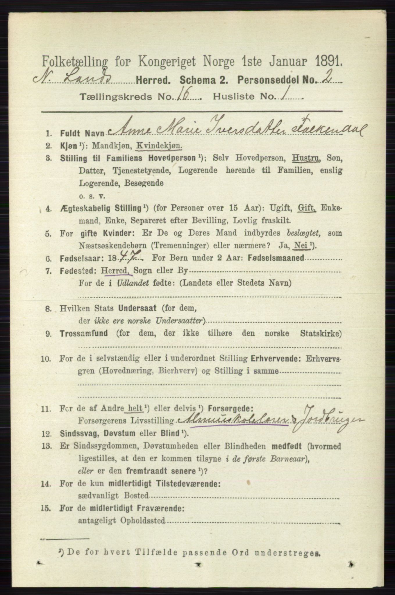 RA, 1891 census for 0538 Nordre Land, 1891, p. 4146