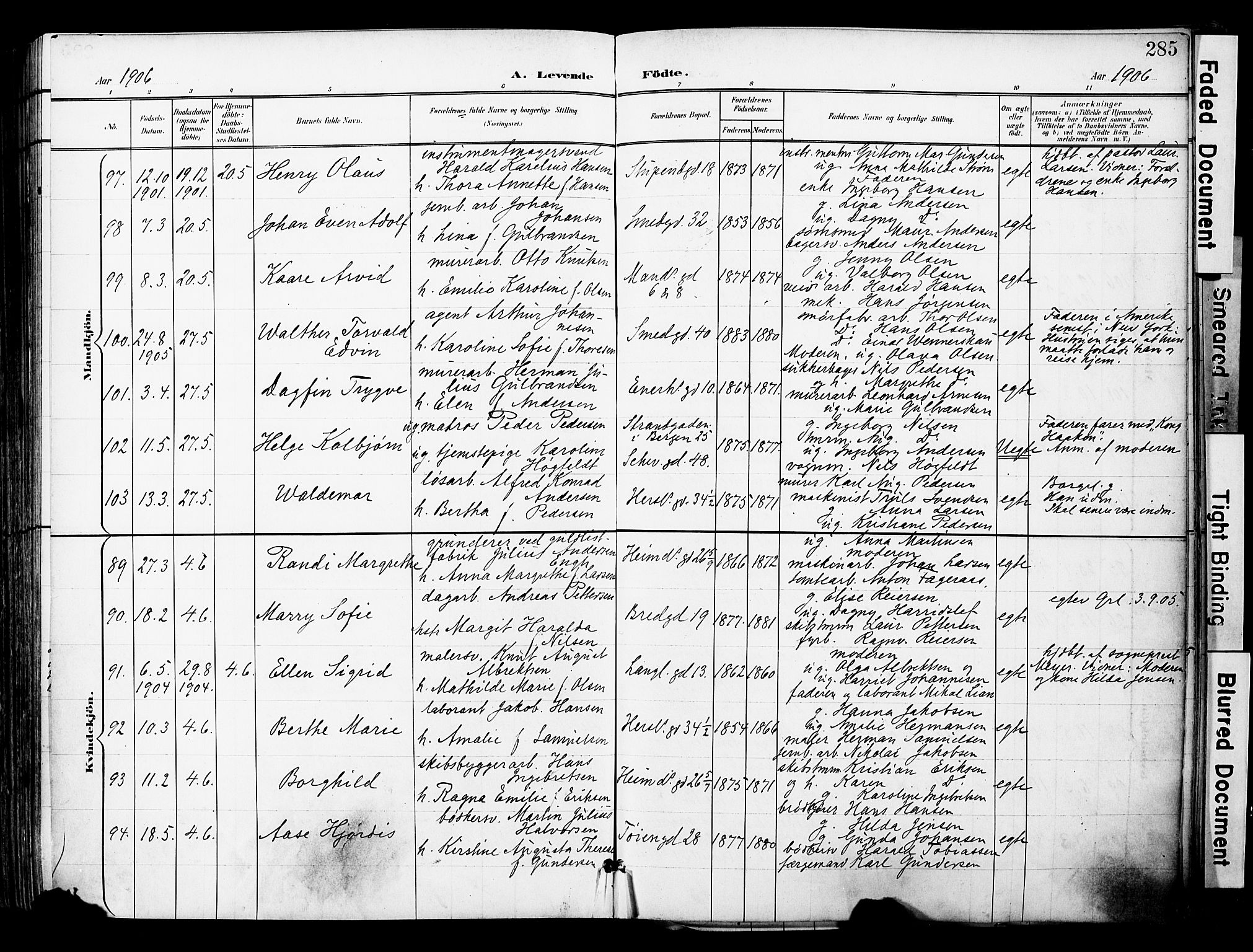 Grønland prestekontor Kirkebøker, SAO/A-10848/F/Fa/L0014: Parish register (official) no. 14, 1900-1911, p. 285