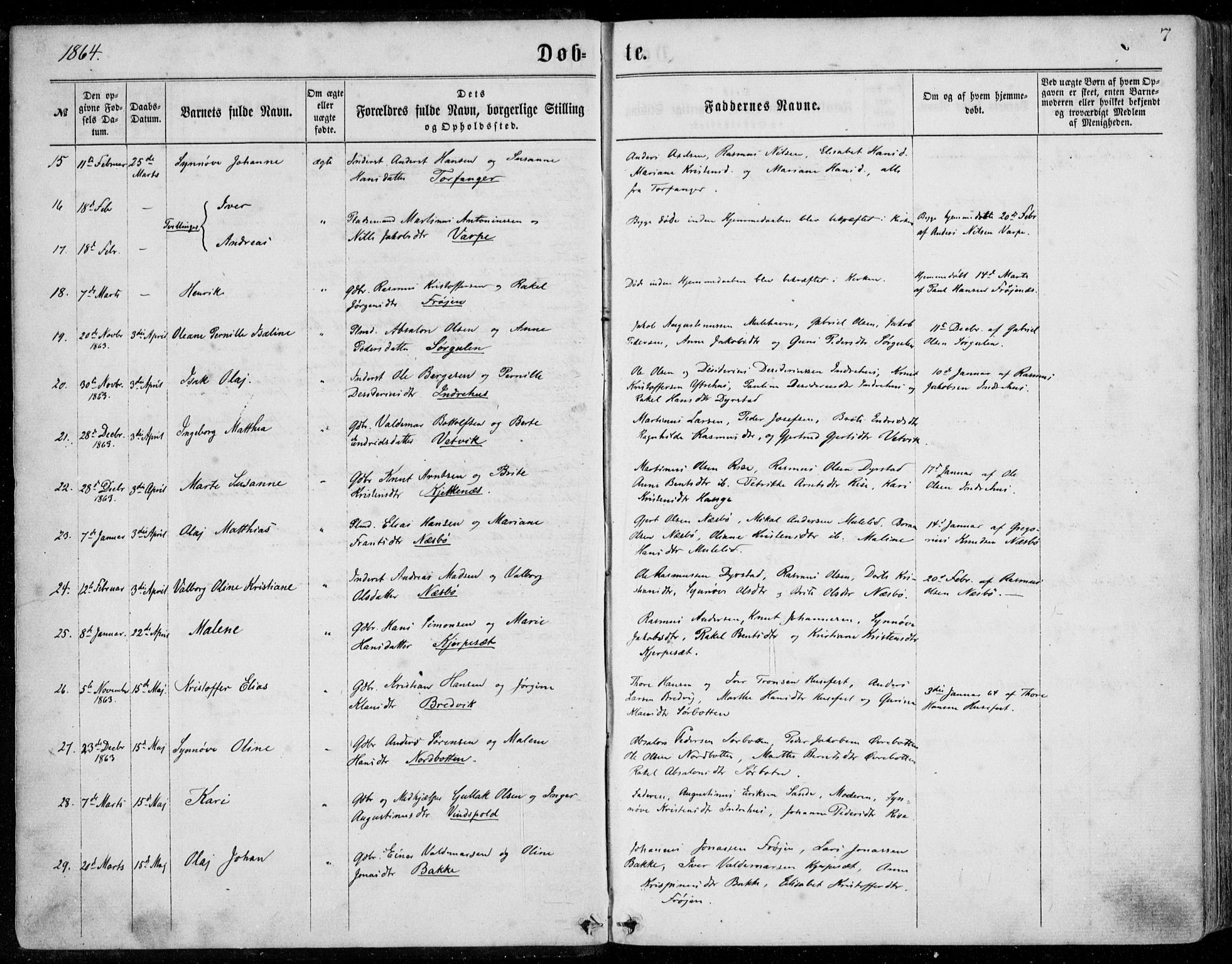 Bremanger sokneprestembete, AV/SAB-A-82201/H/Haa/Haaa/L0001: Parish register (official) no. A  1, 1864-1883, p. 7