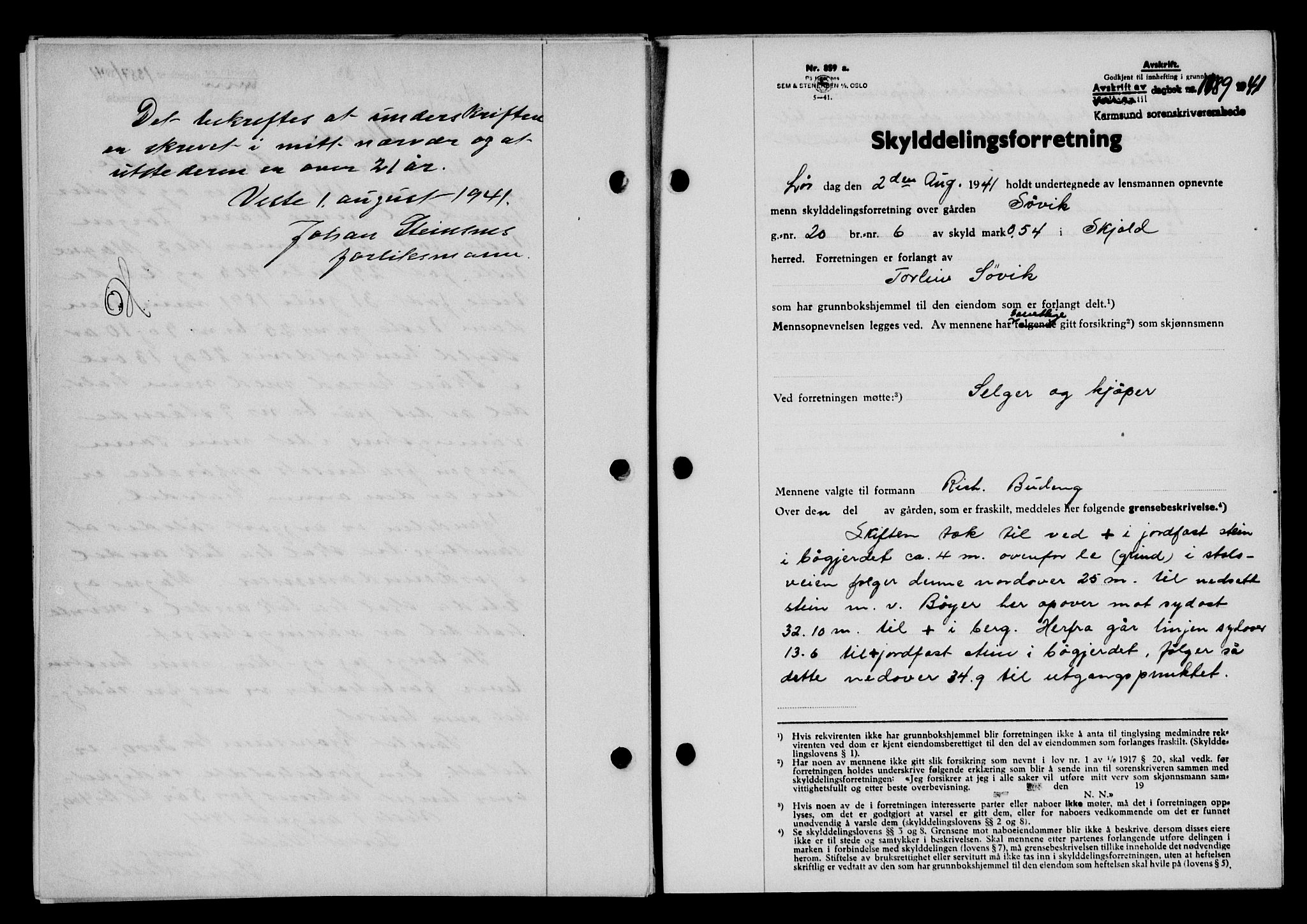 Karmsund sorenskriveri, SAST/A-100311/01/II/IIB/L0075: Mortgage book no. 56A, 1941-1941, Diary no: : 1389/1941