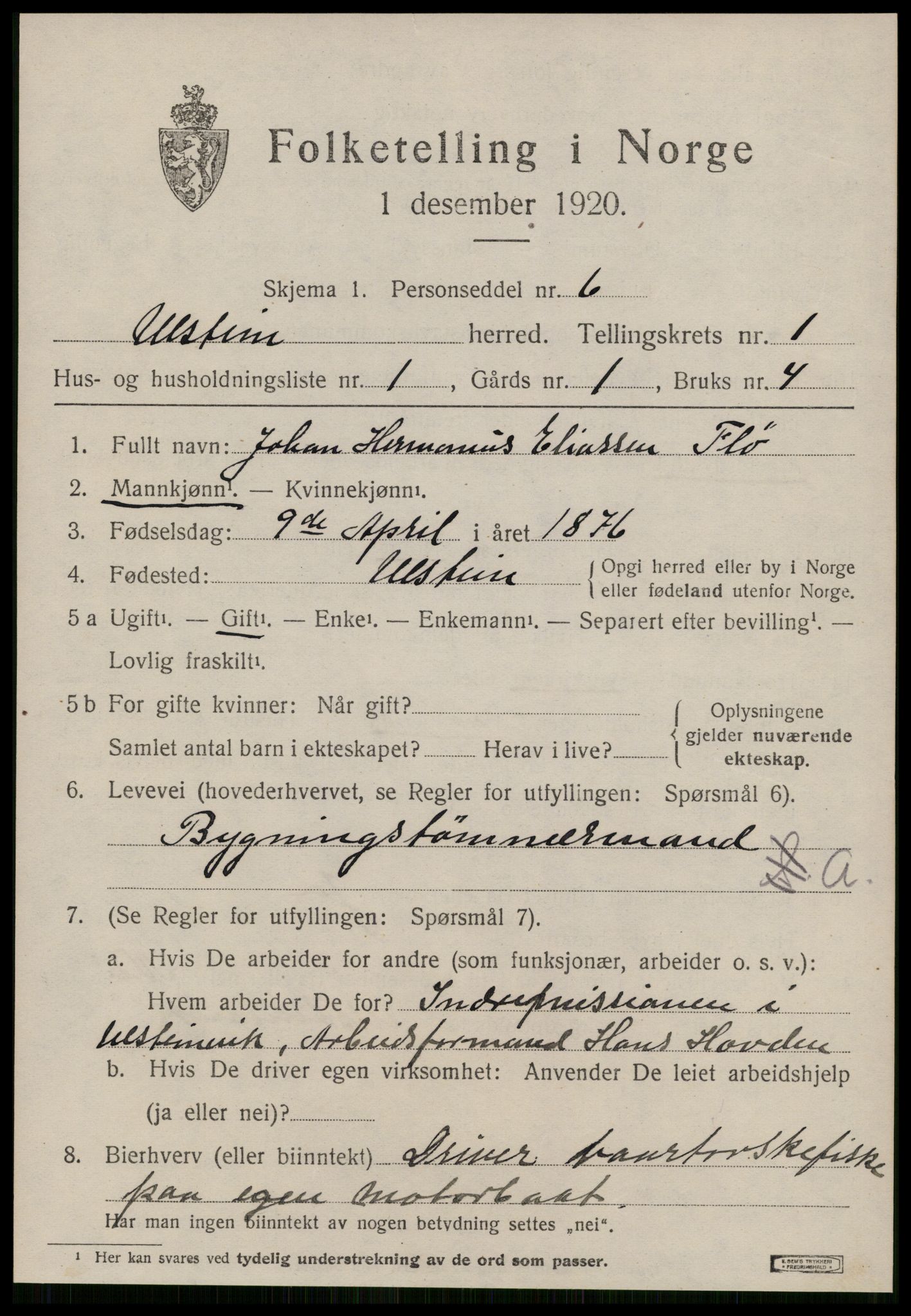 SAT, 1920 census for Ulstein, 1920, p. 704