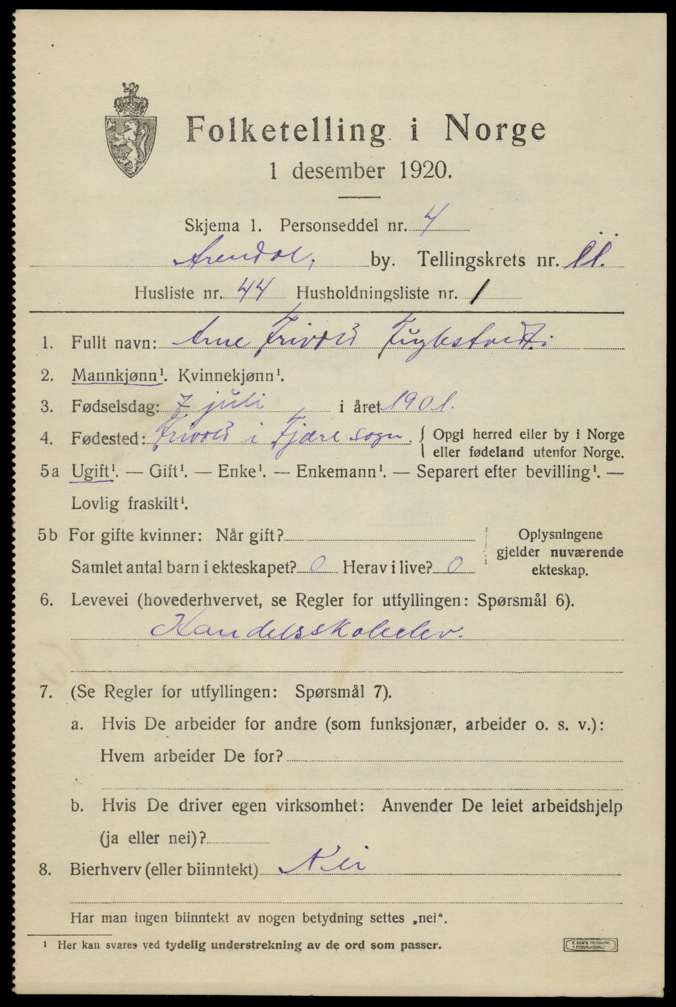 SAK, 1920 census for Arendal, 1920, p. 18598