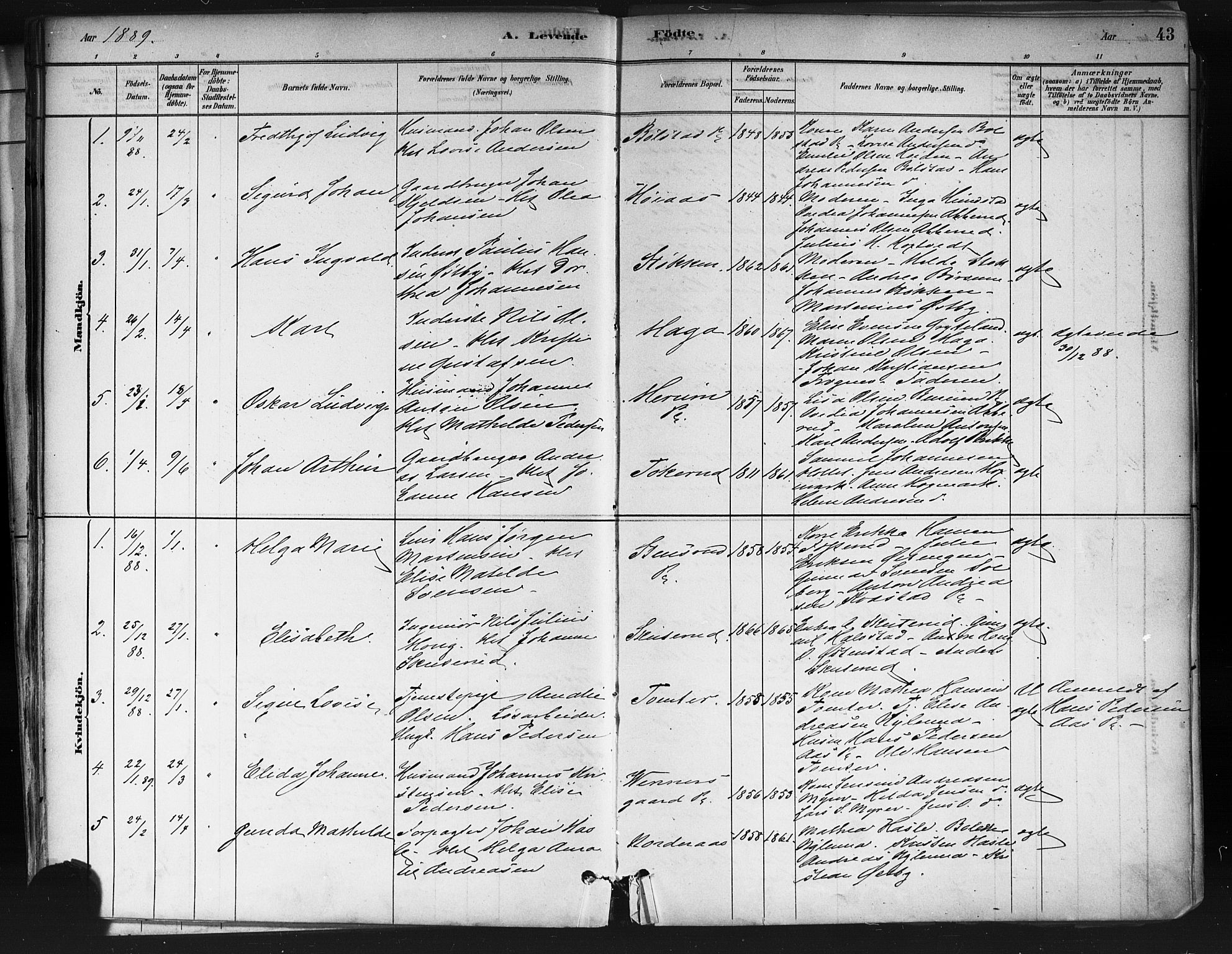 Ås prestekontor Kirkebøker, SAO/A-10894/F/Fa/L0009: Parish register (official) no. I 9, 1881-1900, p. 43