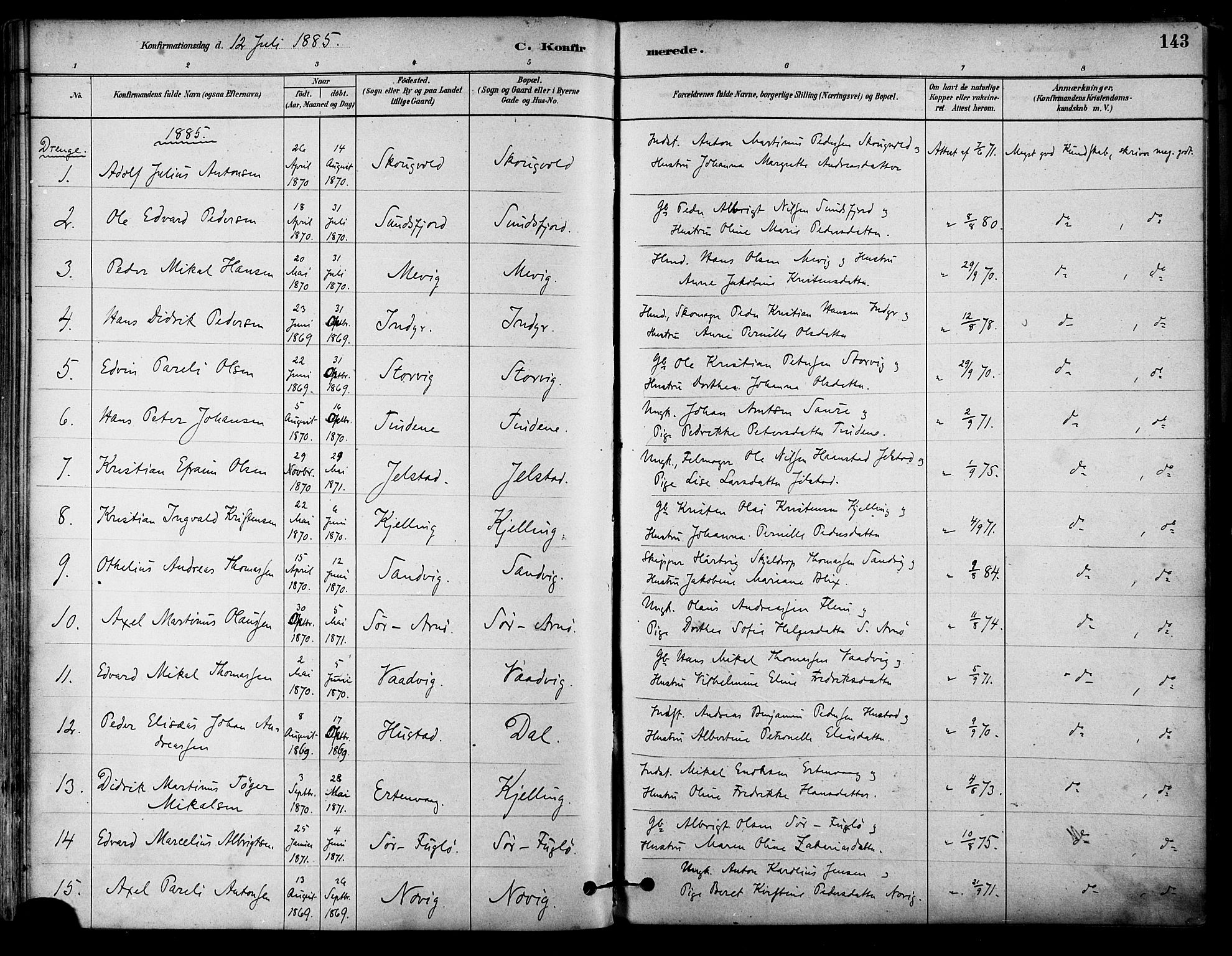 Ministerialprotokoller, klokkerbøker og fødselsregistre - Nordland, AV/SAT-A-1459/805/L0099: Parish register (official) no. 805A06, 1880-1891, p. 143