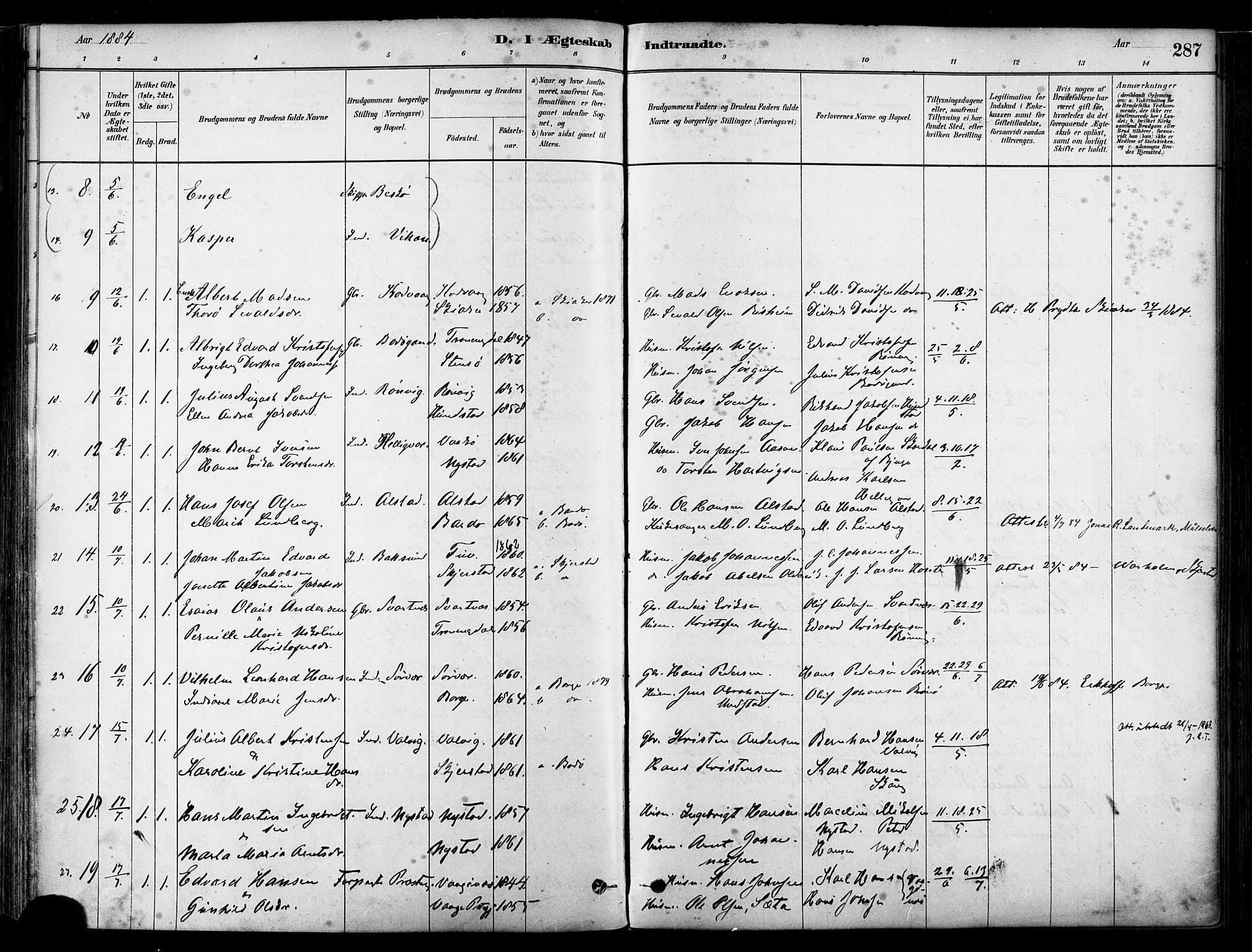 Ministerialprotokoller, klokkerbøker og fødselsregistre - Nordland, SAT/A-1459/802/L0054: Parish register (official) no. 802A01, 1879-1893, p. 287