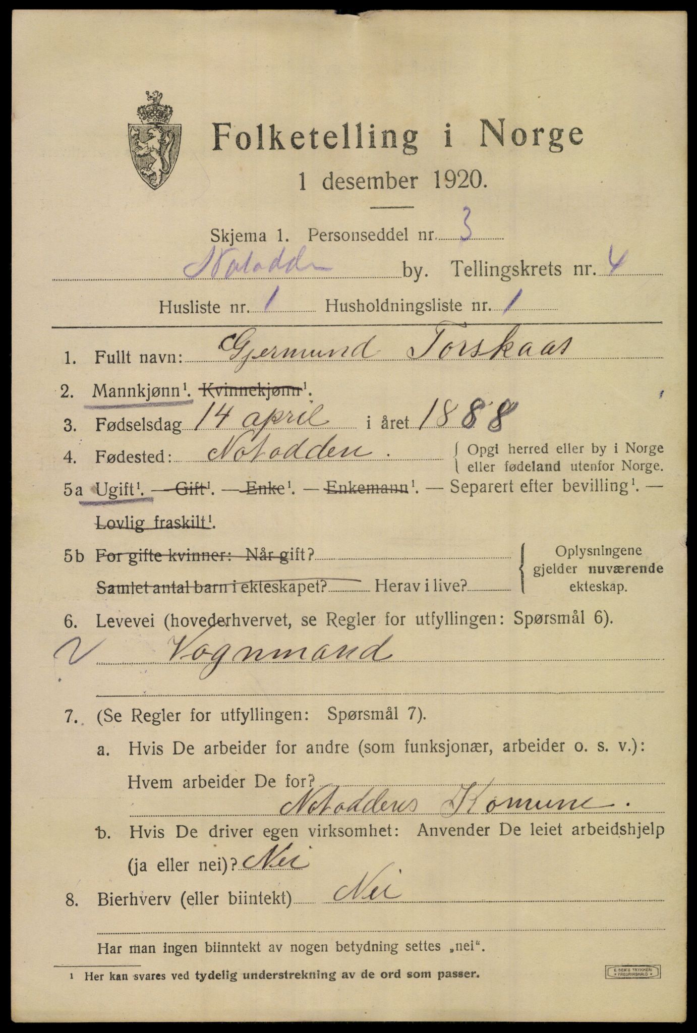 SAKO, 1920 census for Notodden, 1920, p. 9820