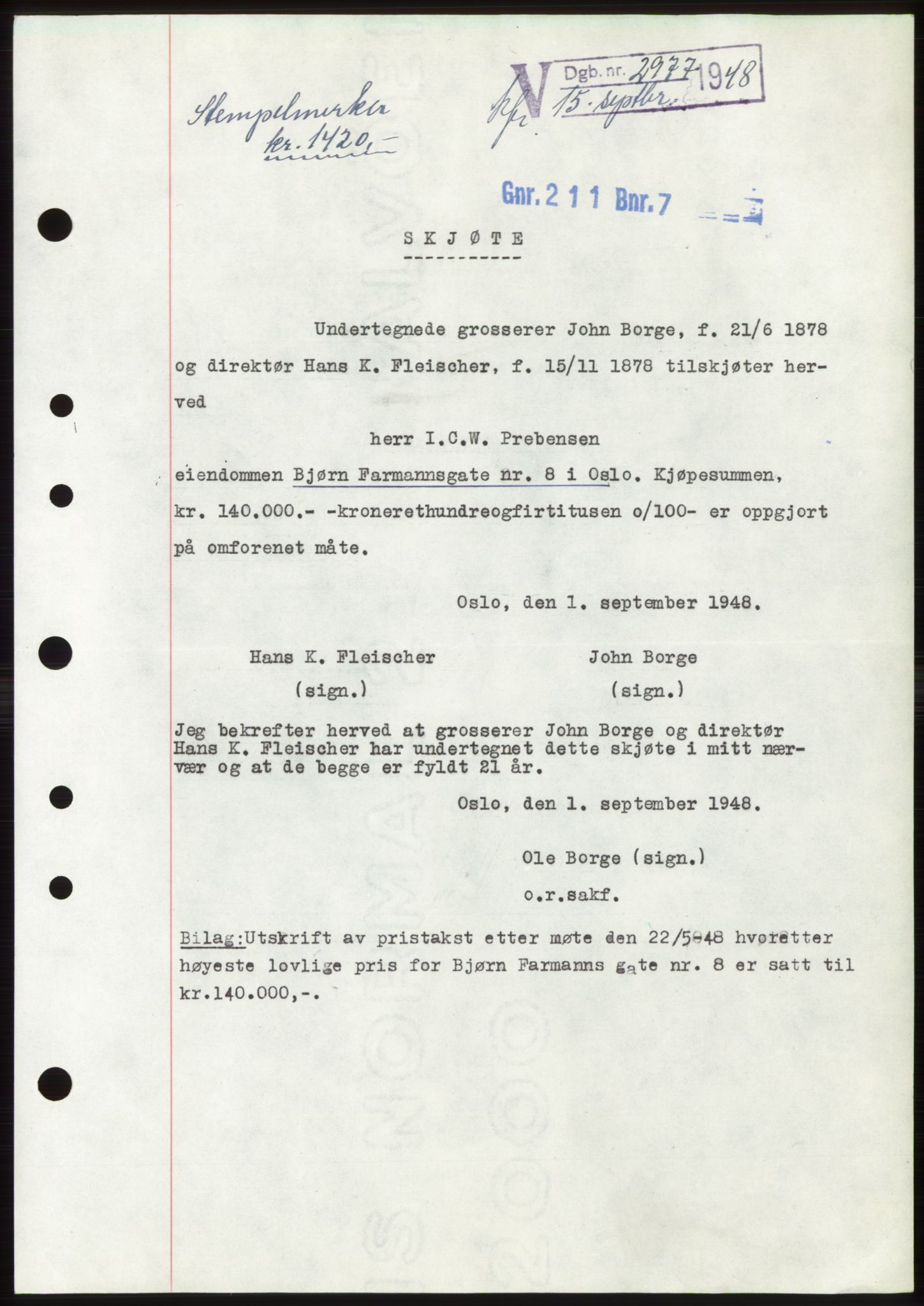 Oslo byskriverembete, AV/SAO-A-10227/G/Gb/Gbb/Gbbd/L0001: Mortgage book no. VS1, 1936-1948, Diary no: : 2977/1948