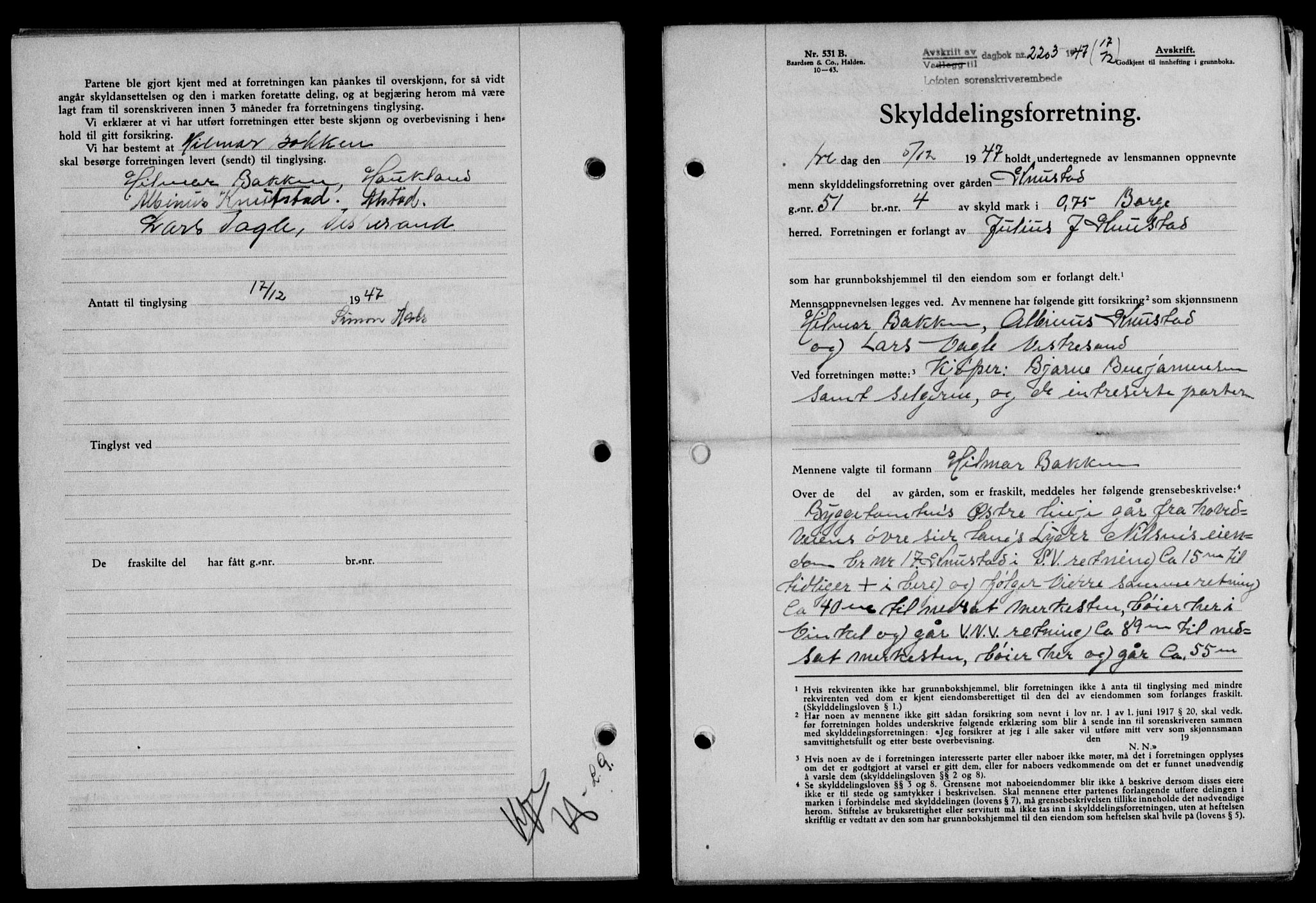 Lofoten sorenskriveri, SAT/A-0017/1/2/2C/L0017a: Mortgage book no. 17a, 1947-1948, Diary no: : 2203/1947
