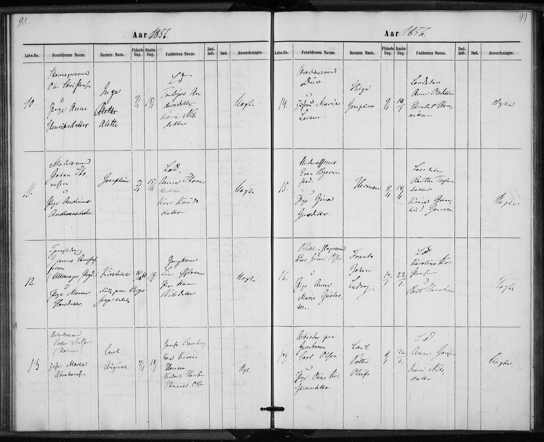 Rikshospitalet prestekontor Kirkebøker, AV/SAO-A-10309b/K/L0002/0001: Baptism register no. 2.1, 1854-1860, p. 98-99