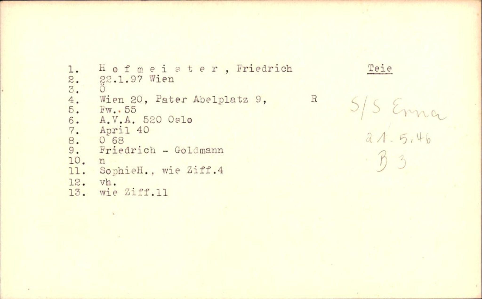 Hjemsendte tyskere , RA/RAFA-6487/D/Db/L0014: Hofmeister-Kaften, 1945-1947, p. 1