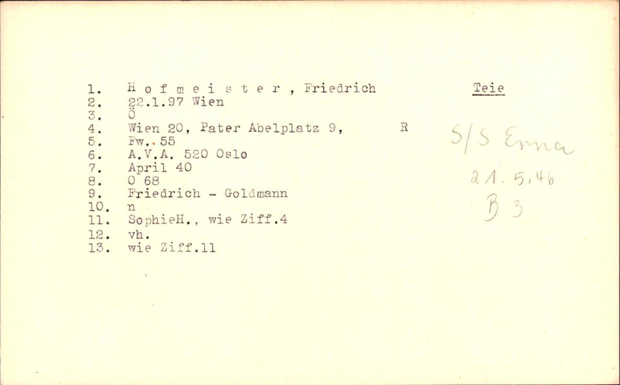 Hjemsendte tyskere , AV/RA-RAFA-6487/D/Db/L0014: Hofmeister-Kaften, 1945-1947, p. 1