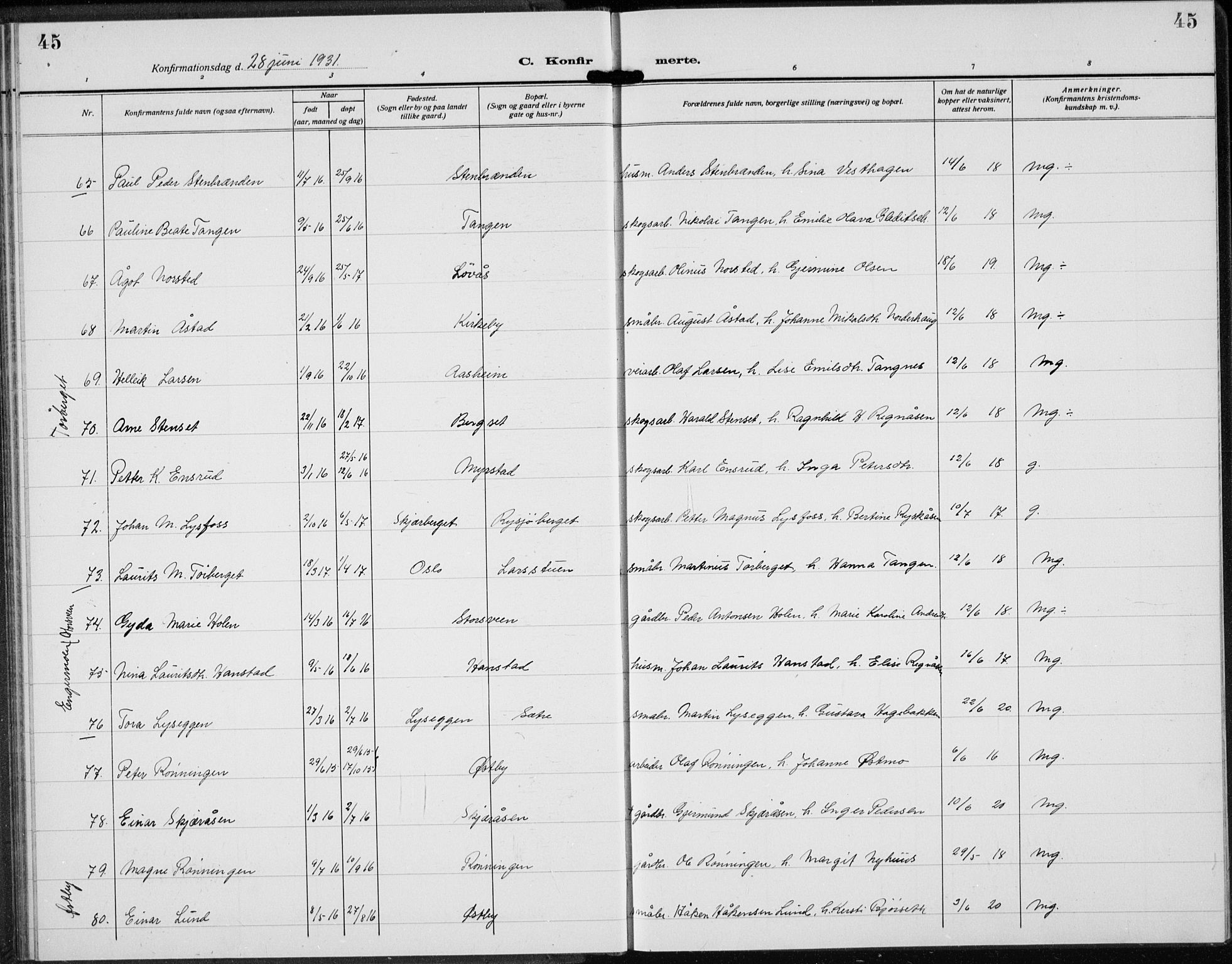 Trysil prestekontor, AV/SAH-PREST-046/H/Ha/Hab/L0010: Parish register (copy) no. 10, 1917-1937, p. 45