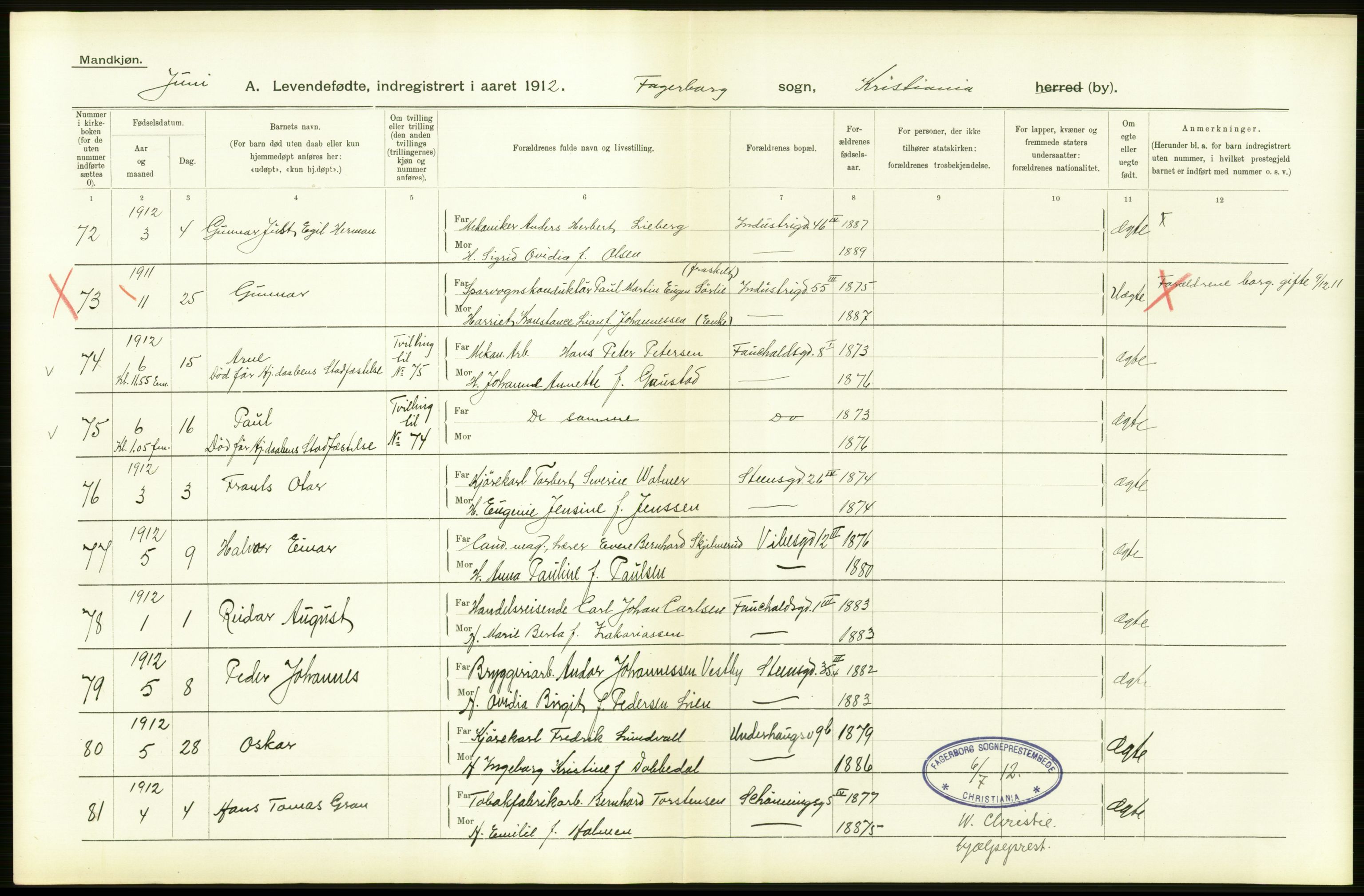 Statistisk sentralbyrå, Sosiodemografiske emner, Befolkning, RA/S-2228/D/Df/Dfb/Dfbb/L0007: Kristiania:  Levendefødte menn og kvinner., 1912, p. 638