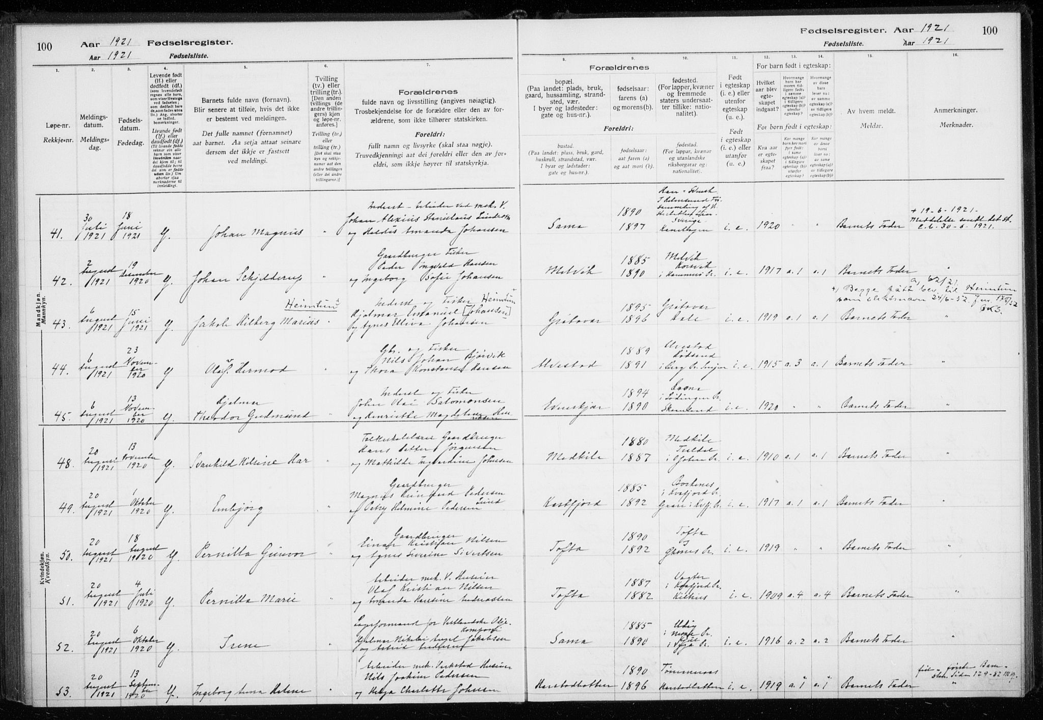 Trondenes sokneprestkontor, SATØ/S-1319/I/Ia/L0089: Birth register no. 89, 1916-1925, p. 100