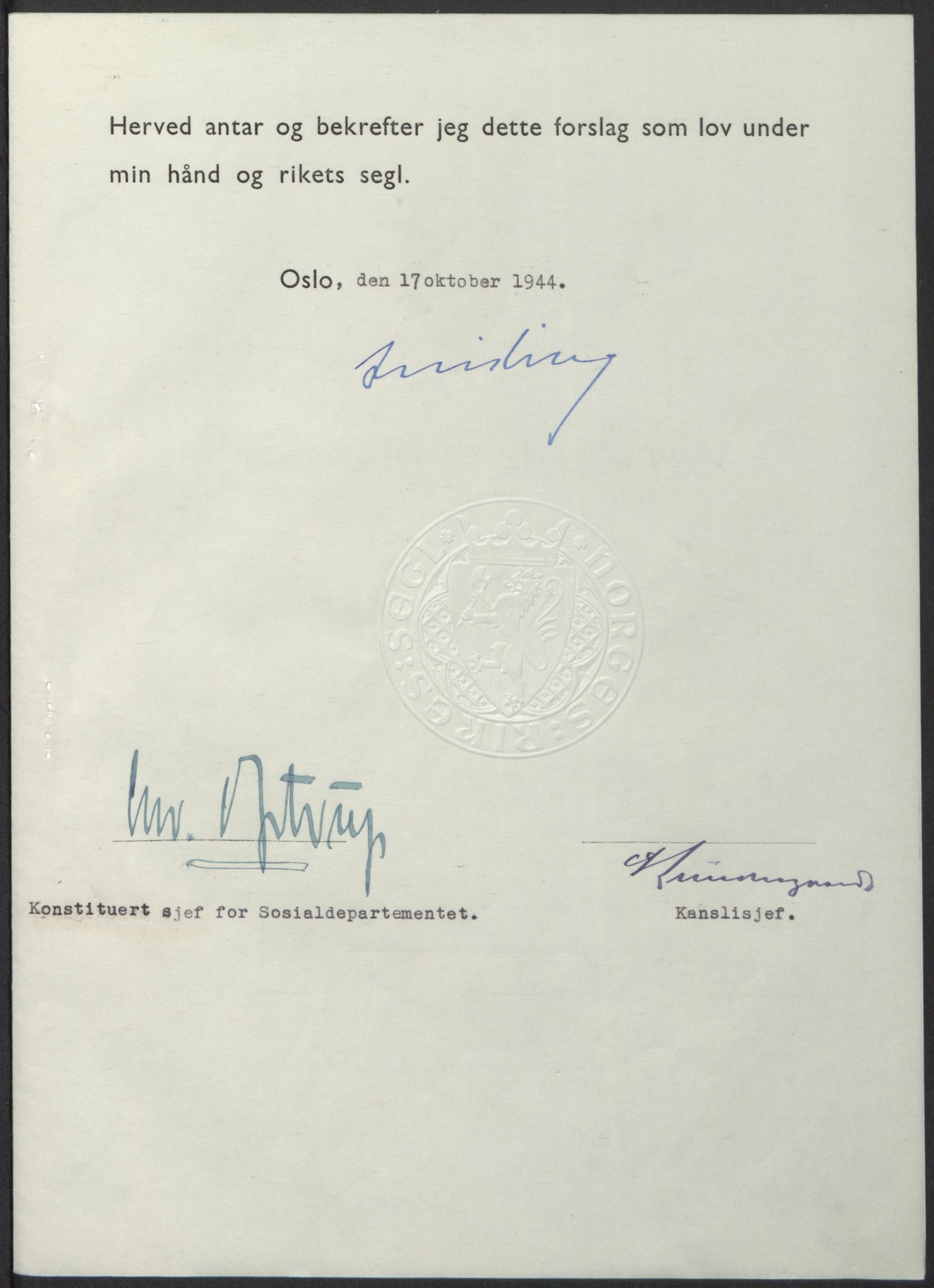 NS-administrasjonen 1940-1945 (Statsrådsekretariatet, de kommisariske statsråder mm), AV/RA-S-4279/D/Db/L0100: Lover, 1944, p. 504