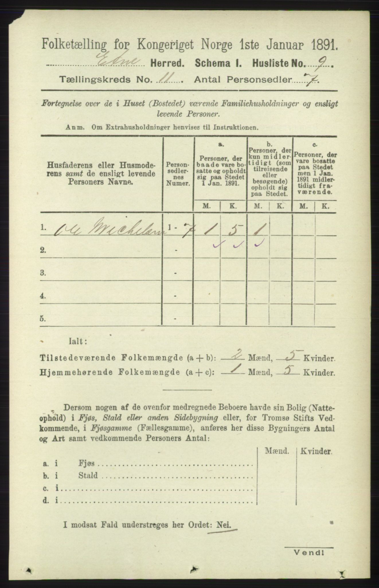 RA, 1891 census for 1211 Etne, 1891, p. 2211